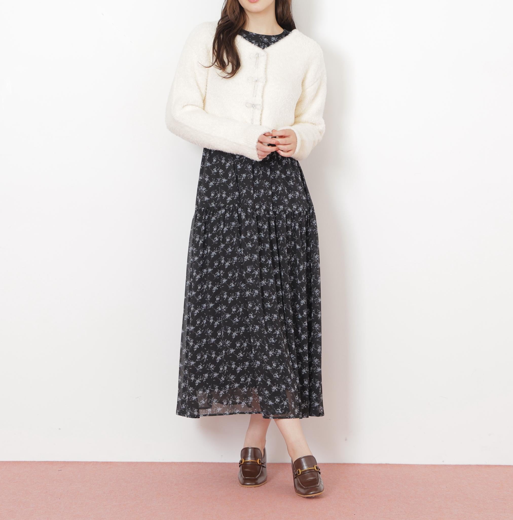 リボンビジューフェザーカーディガン ホワイト