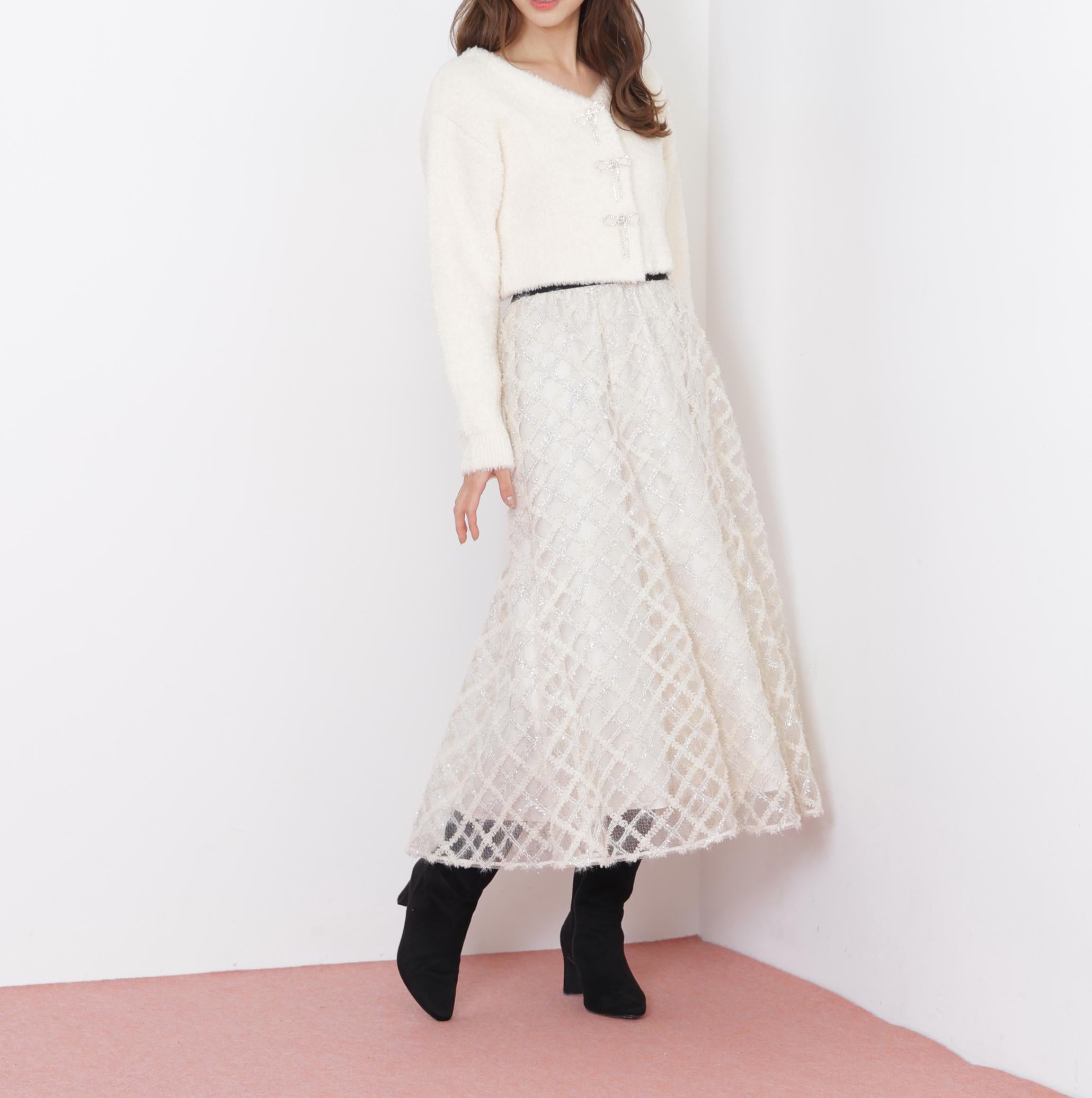 リボンビジューフェザーカーディガン ホワイト