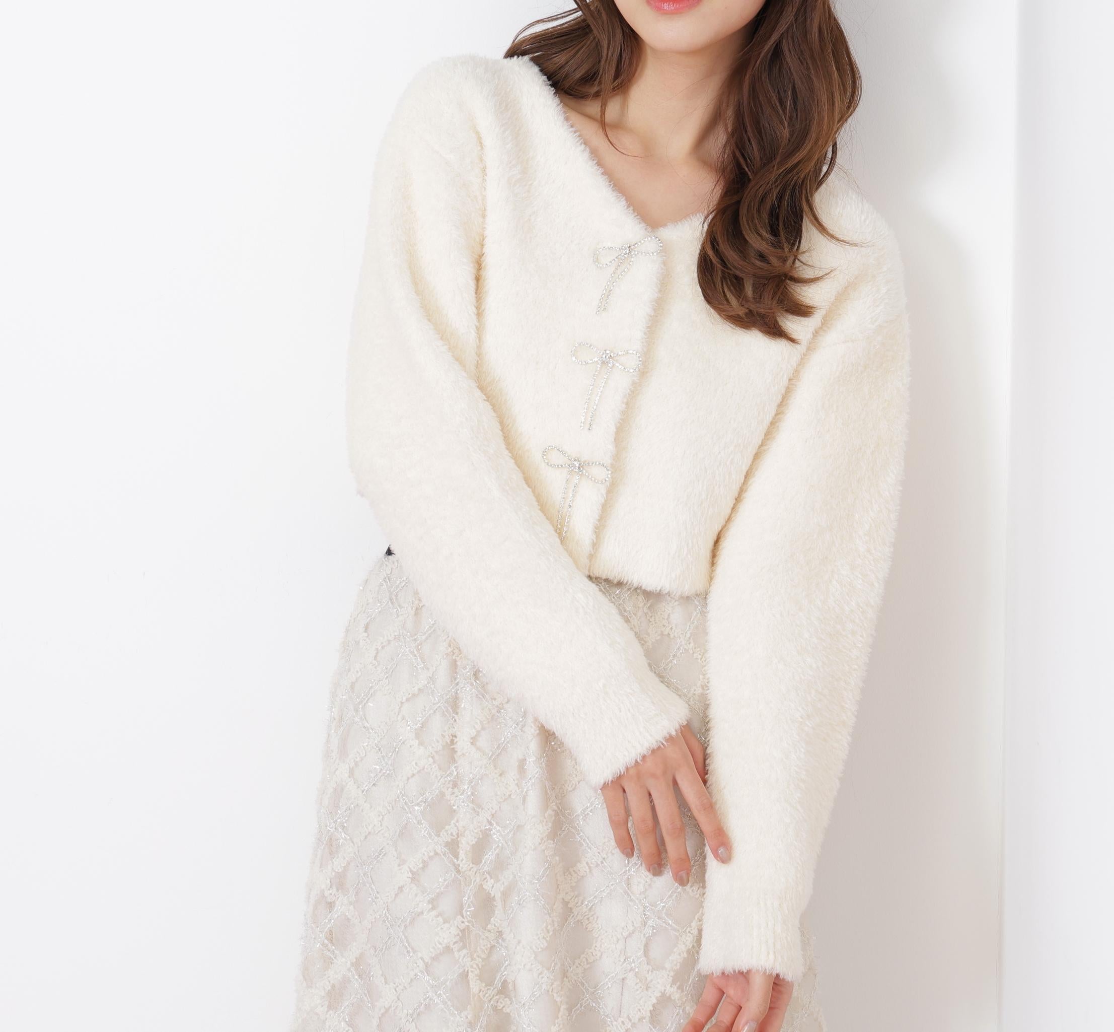 リボンビジューフェザーカーディガン ホワイト