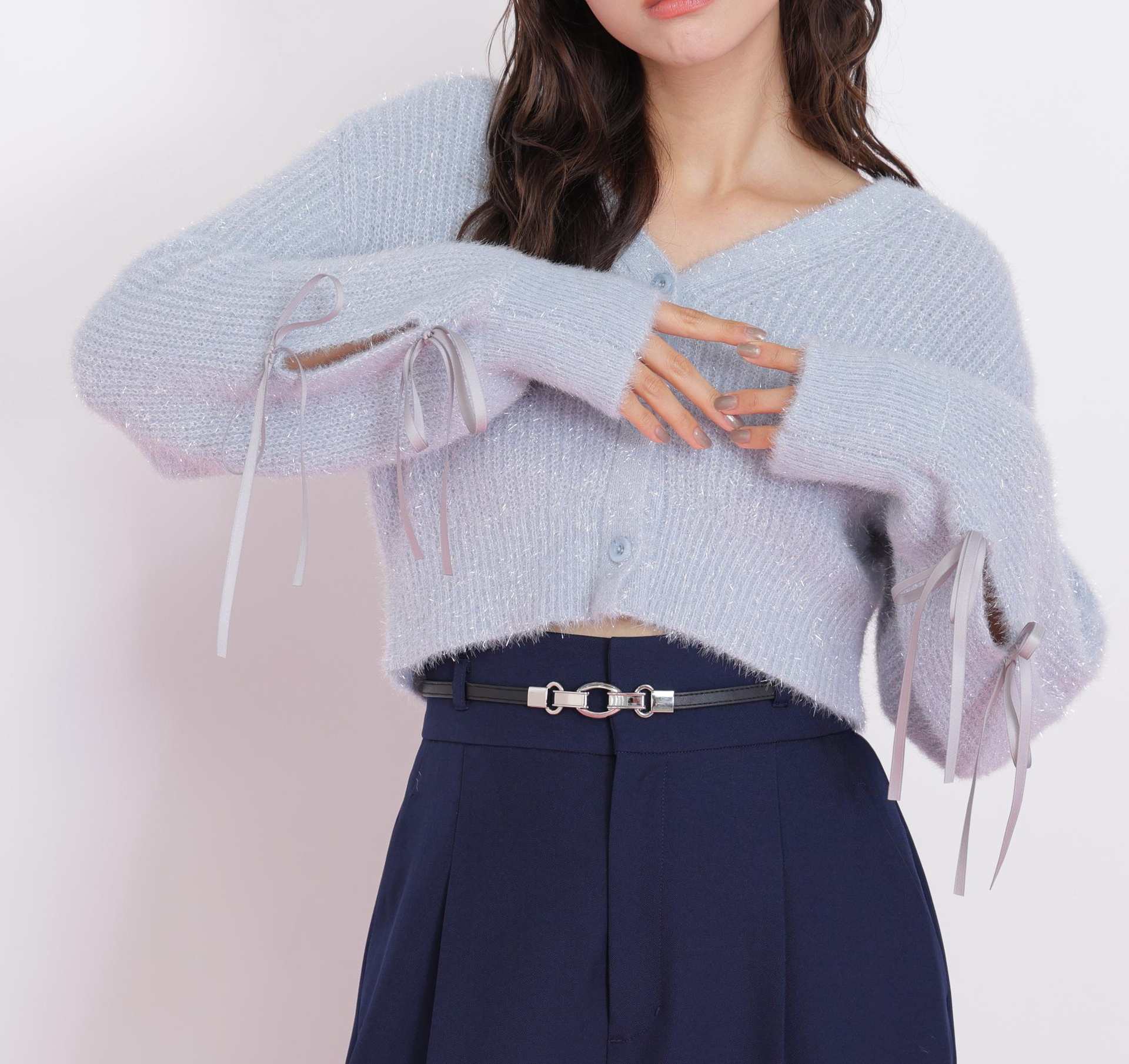 フィルムフェザーヤーンカーディガン ブルー