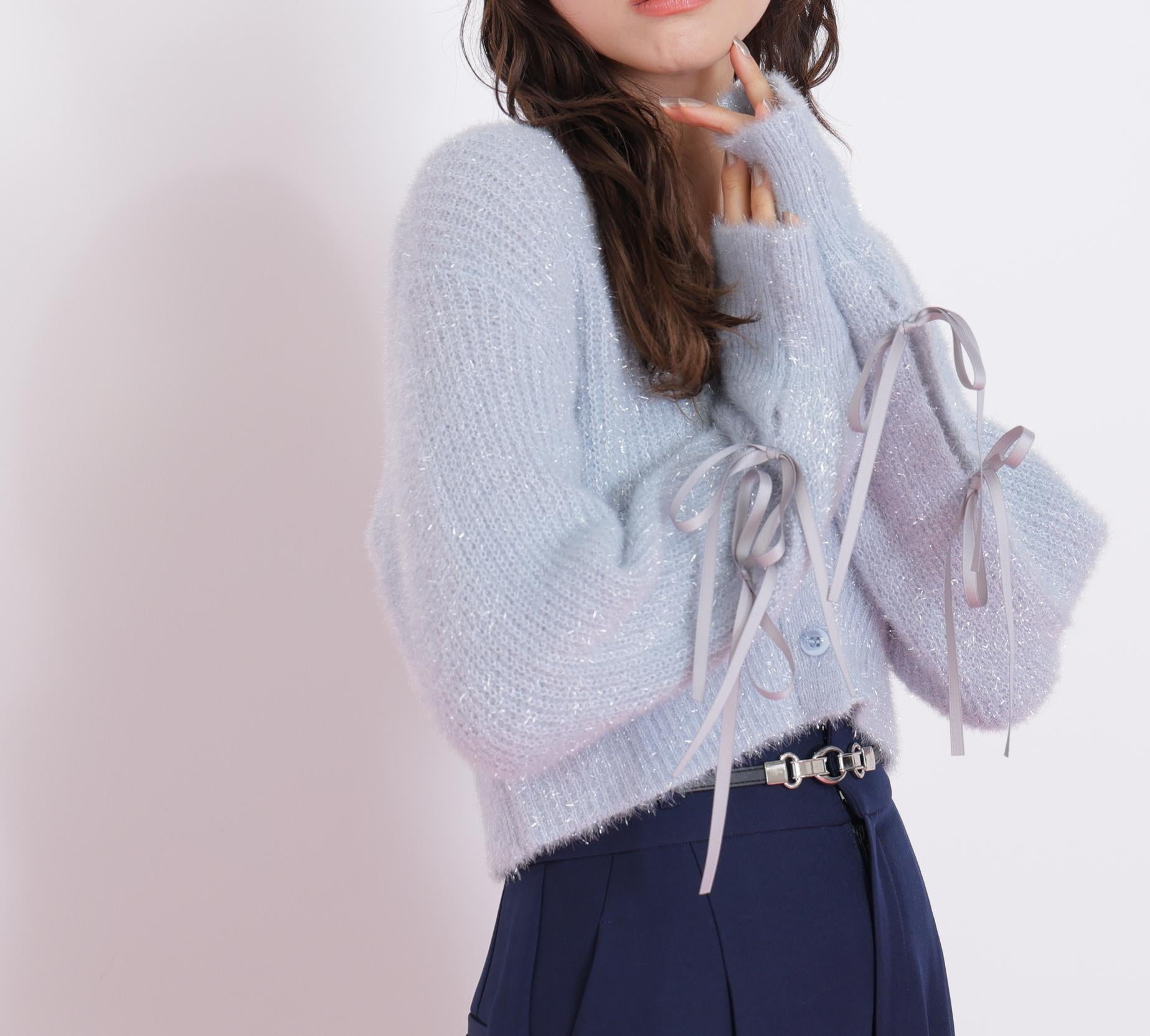フィルムフェザーヤーンカーディガン ブルー