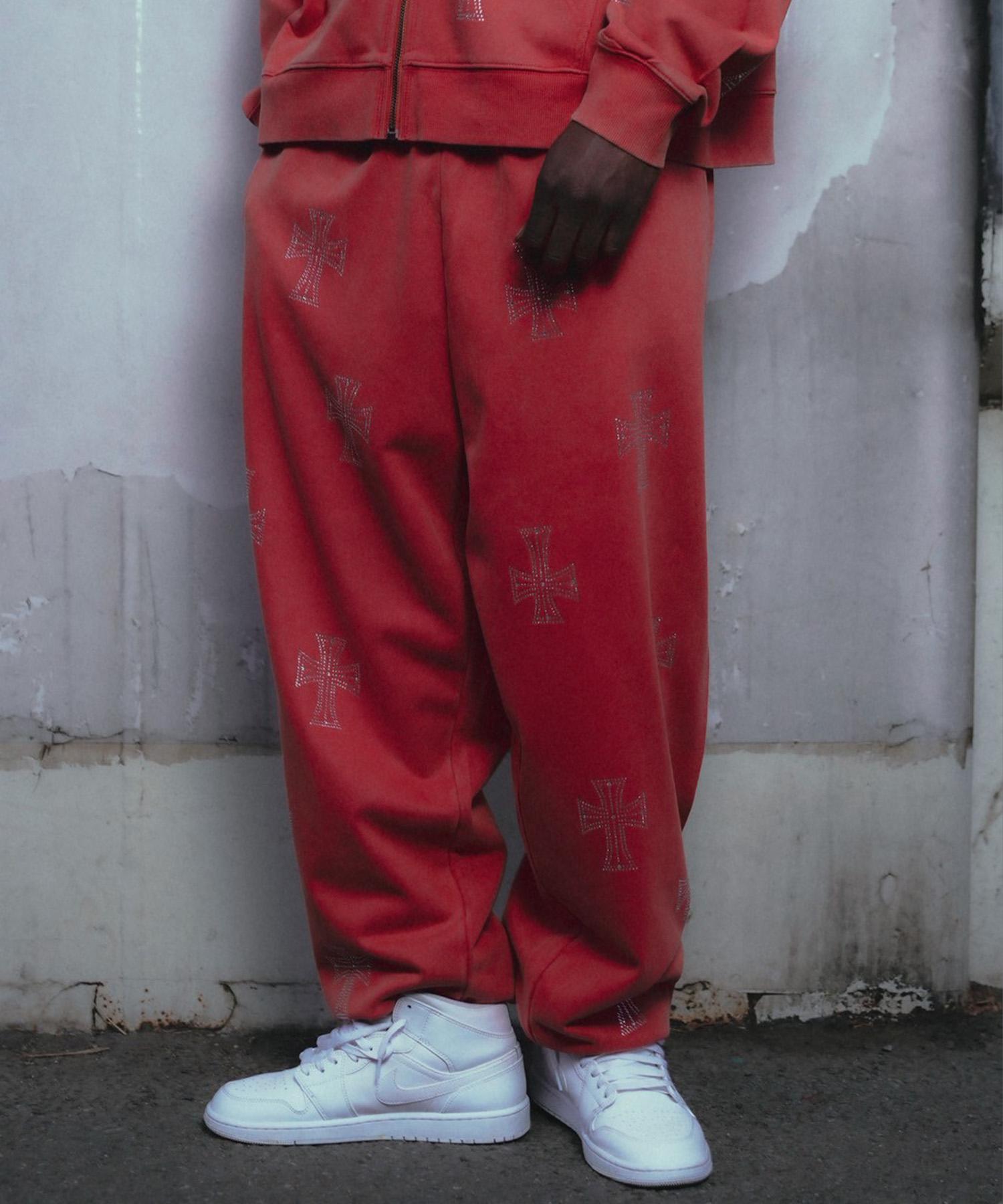 UNKNOWNLONDON/アンノウンロンドン/OUTLINE RHINESTONE SWEAT PANTS レッド