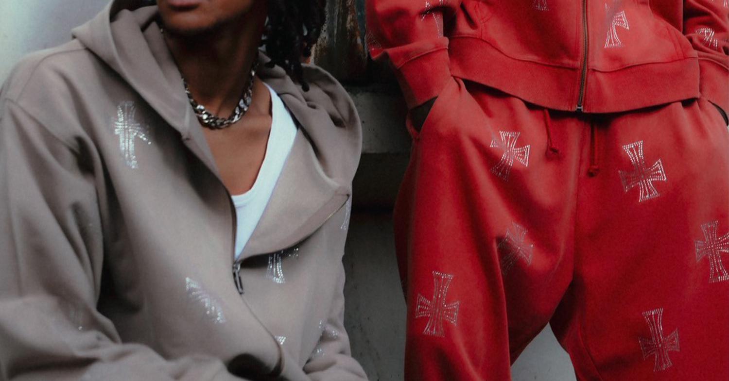 UNKNOWNLONDON/アンノウンロンドン/OUTLINE RHINESTONE SWEAT PANTS レッド