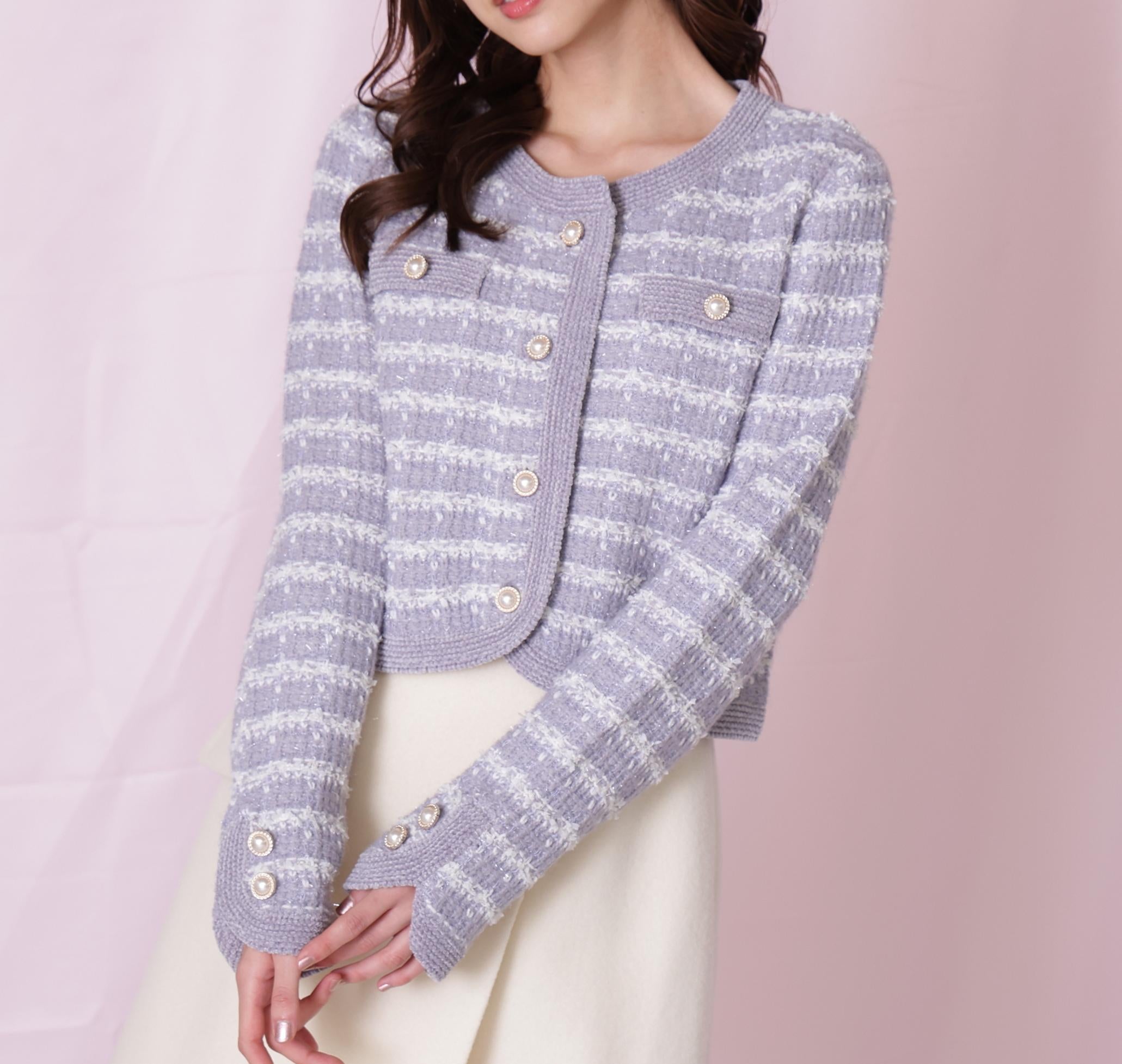 ラメミックスツィードニットジャケット グレー