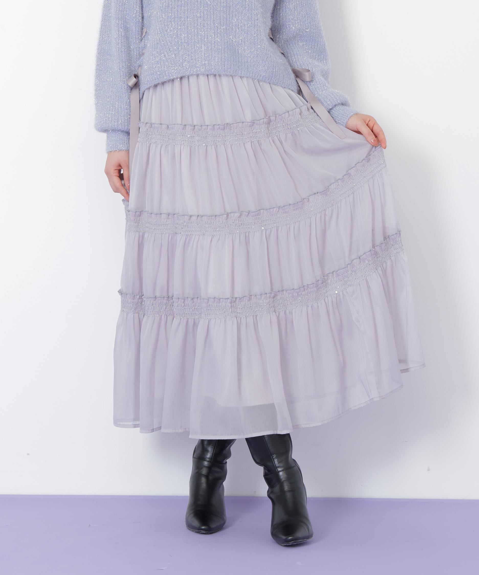 シャイニーティアードスカート グレー