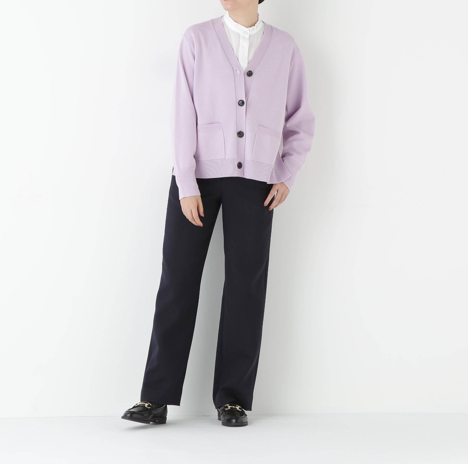 ハイゲージプレーティングVネックカーディガン ラベンダー