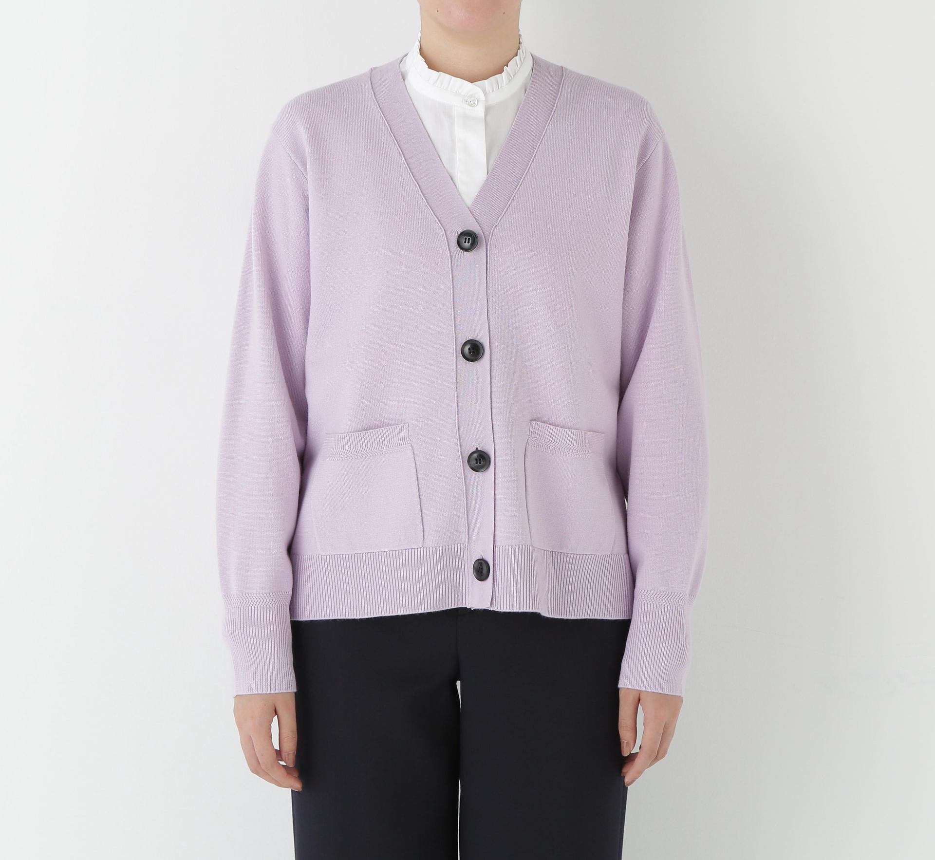 ハイゲージプレーティングVネックカーディガン ラベンダー