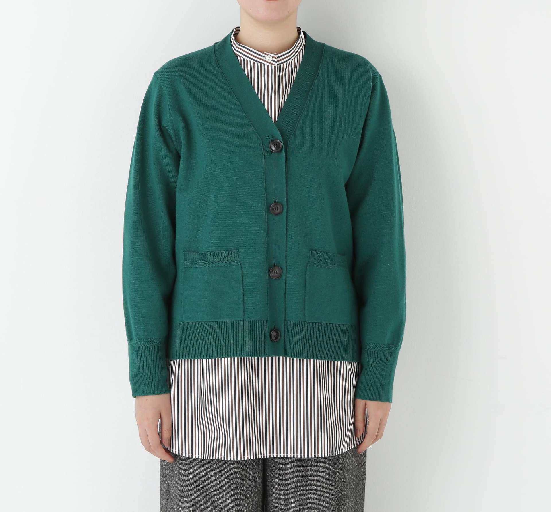 ハイゲージプレーティングVネックカーディガン グリーン
