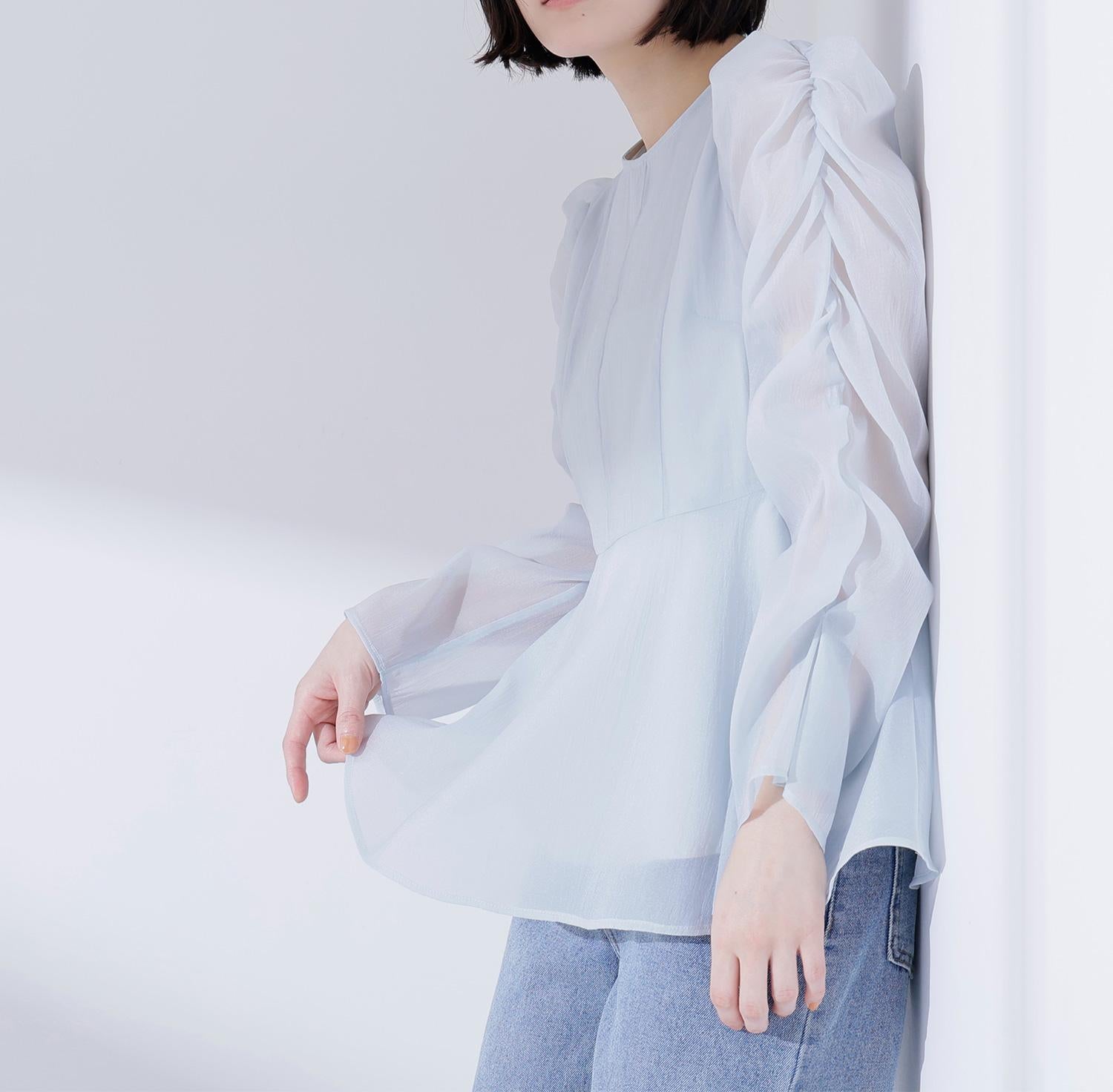 シアーペプラムブラウス ミントブルー