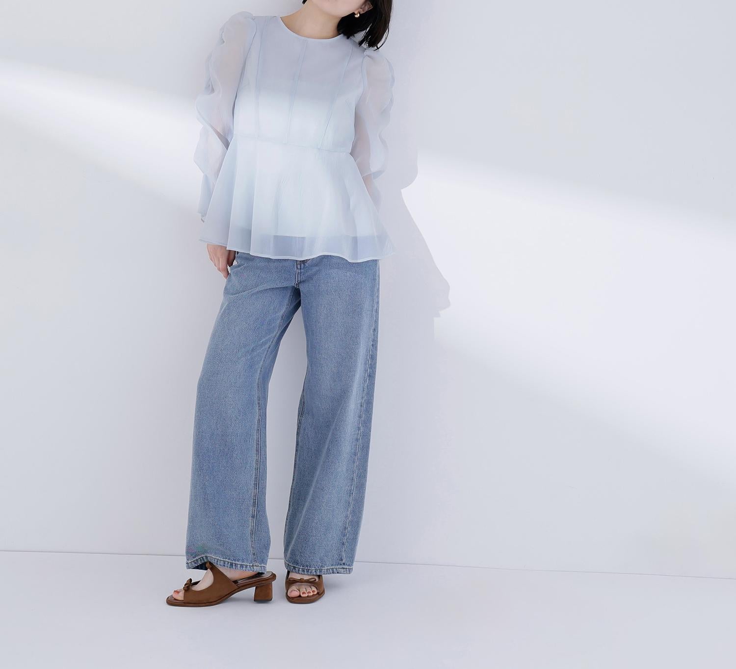 シアーペプラムブラウス ミントブルー