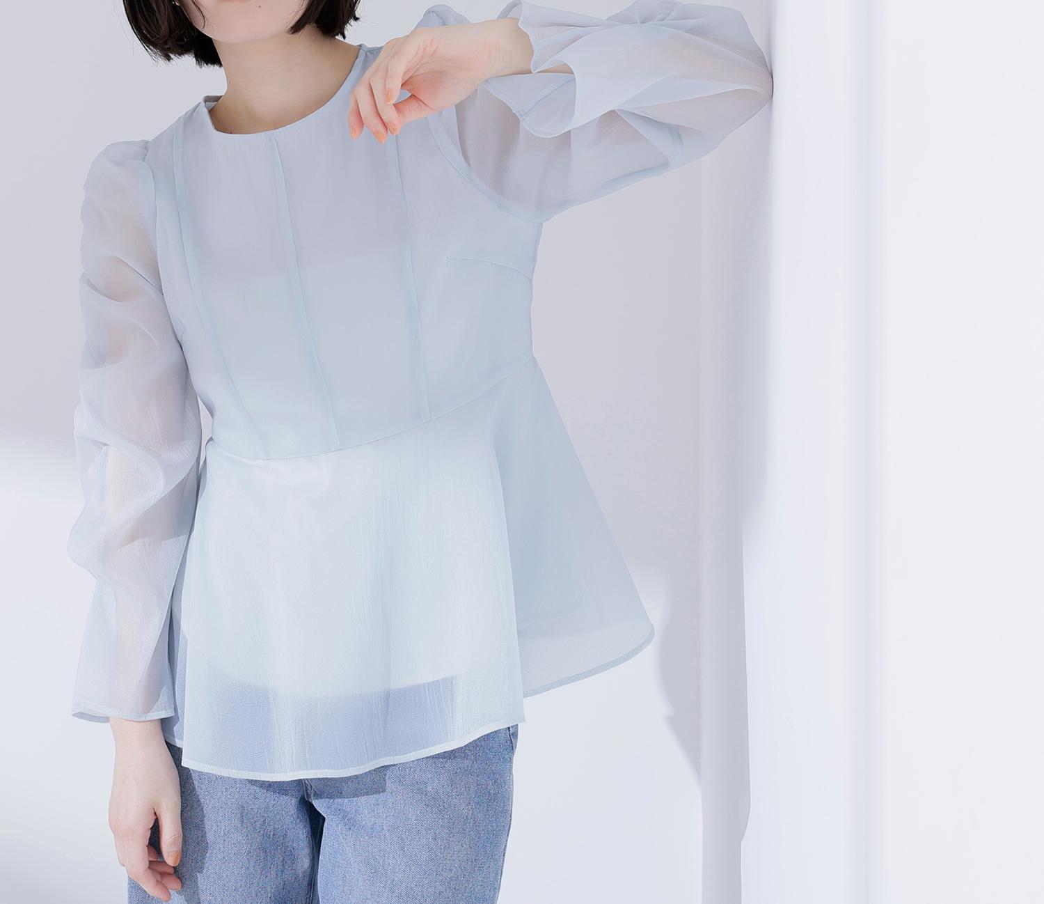 シアーペプラムブラウス ミントブルー