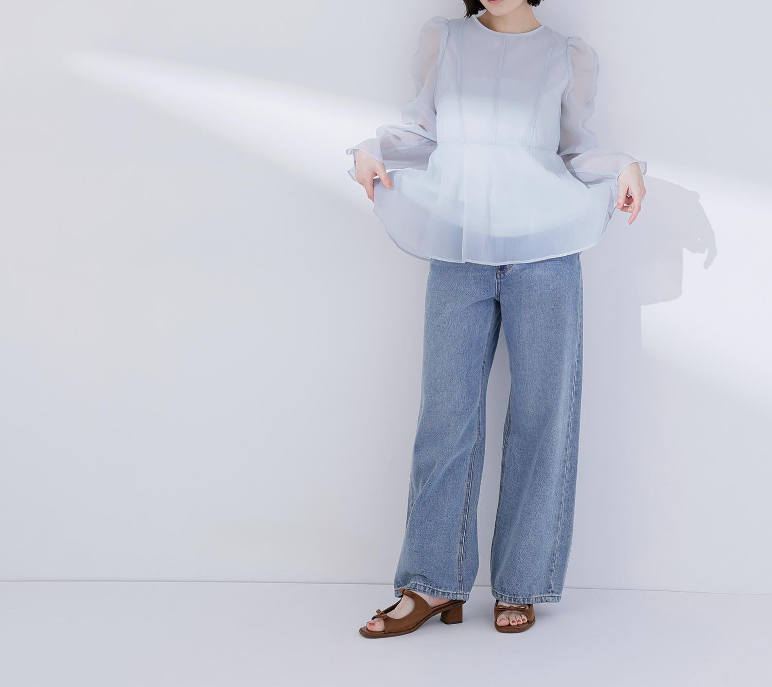 シアーペプラムブラウス ミントブルー