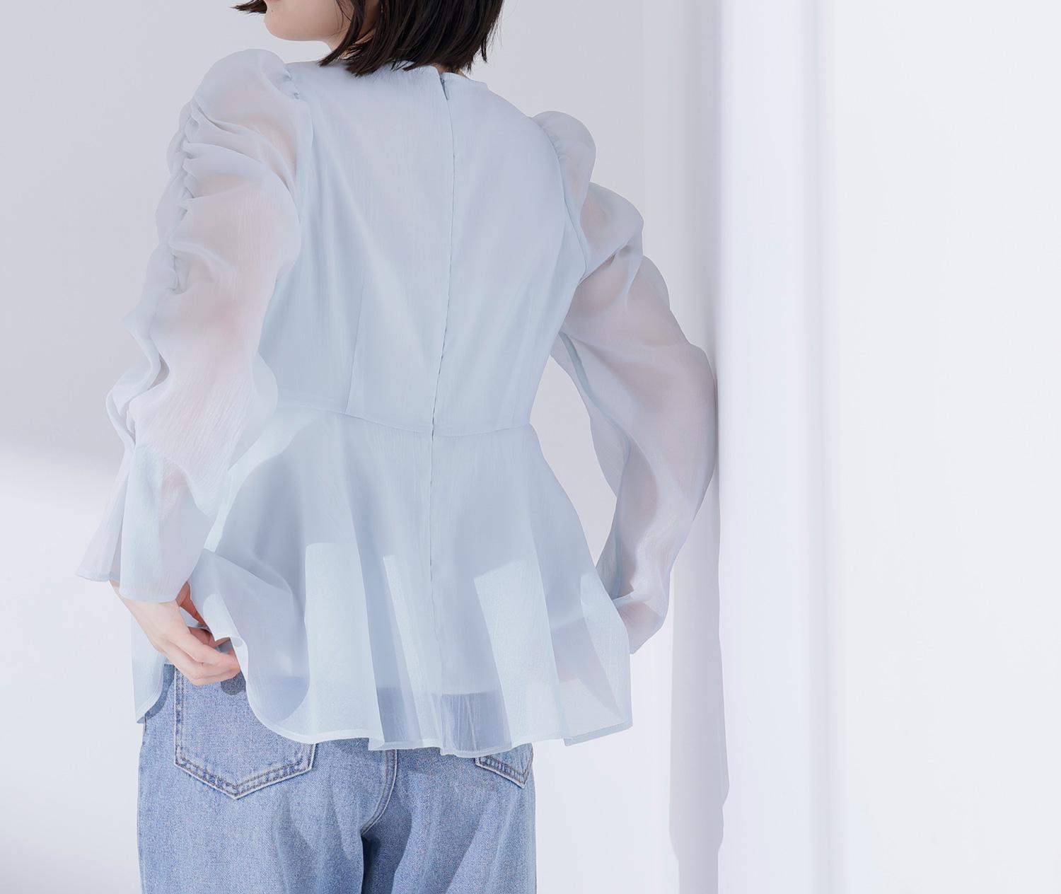 シアーペプラムブラウス ミントブルー