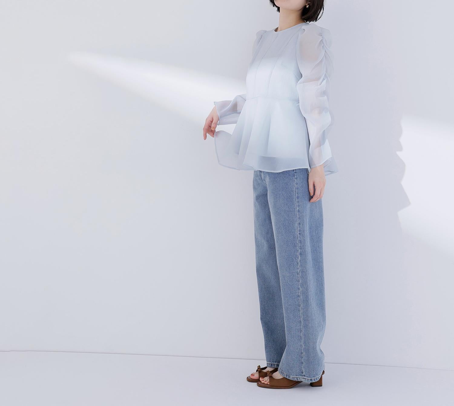 シアーペプラムブラウス ミントブルー