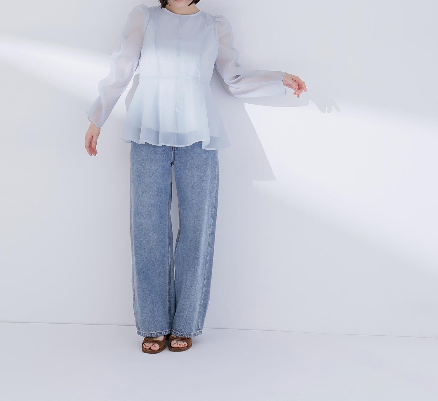 シアーペプラムブラウス ミントブルー