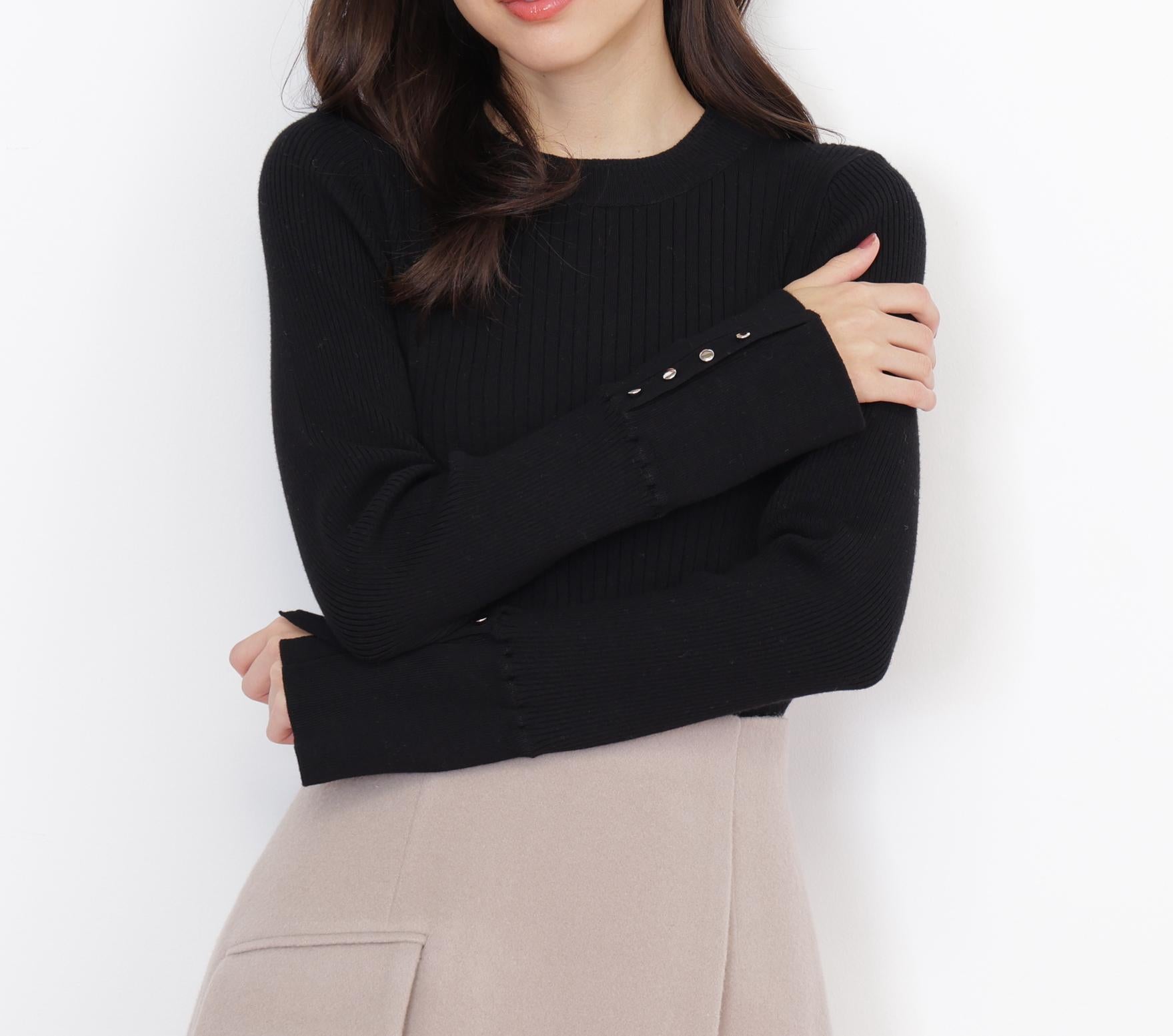 袖ボタンリブニット ブラック