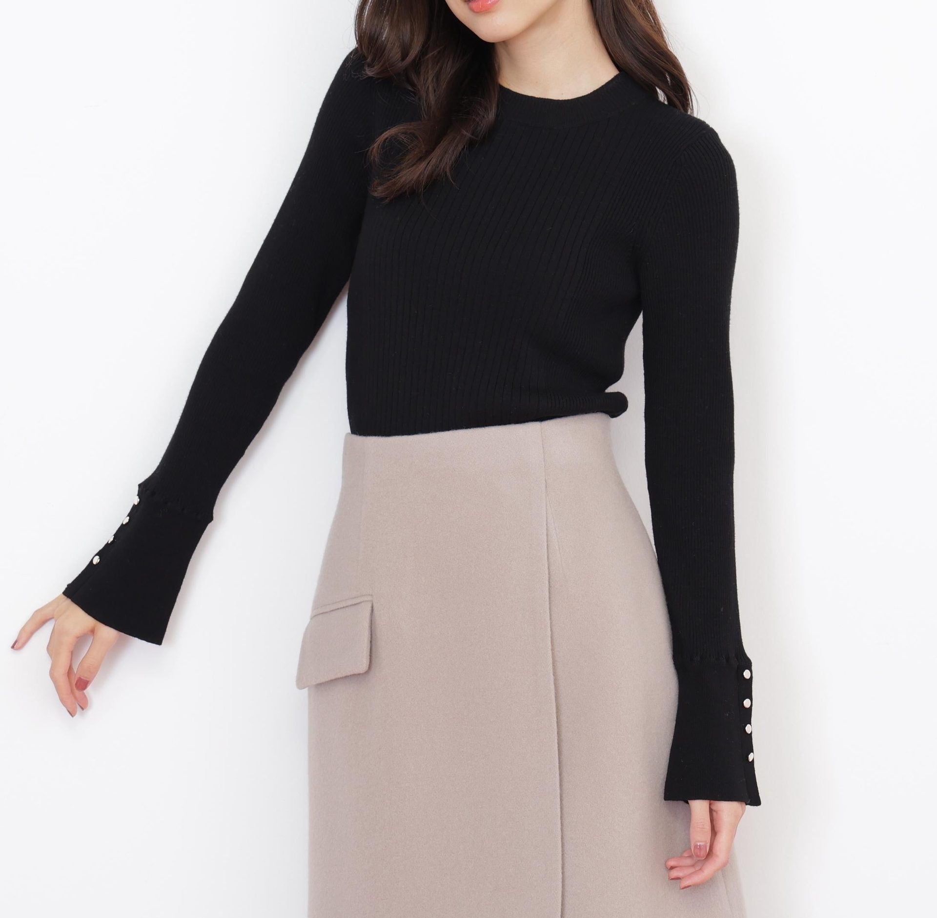 袖ボタンリブニット ブラック