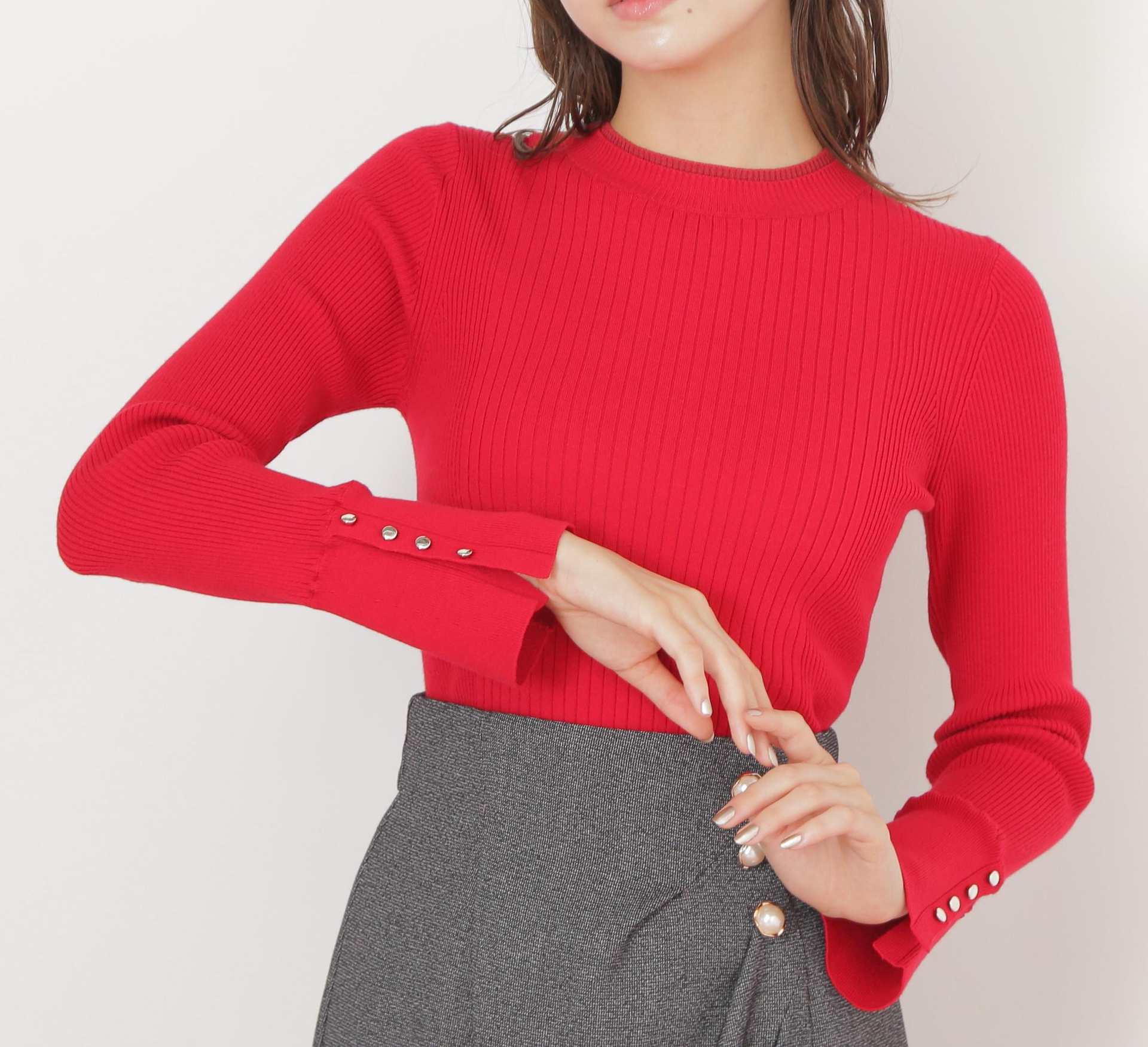袖ボタンリブニット レッド