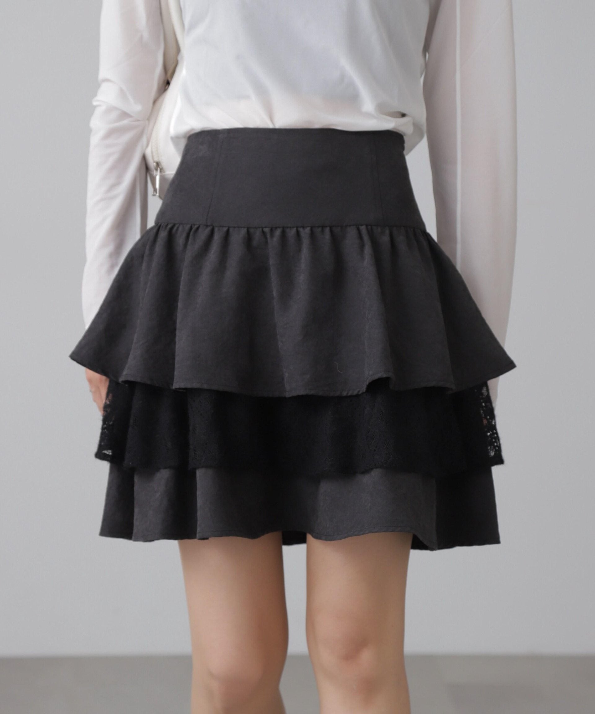 起毛レースティアードミニスカート ブラック