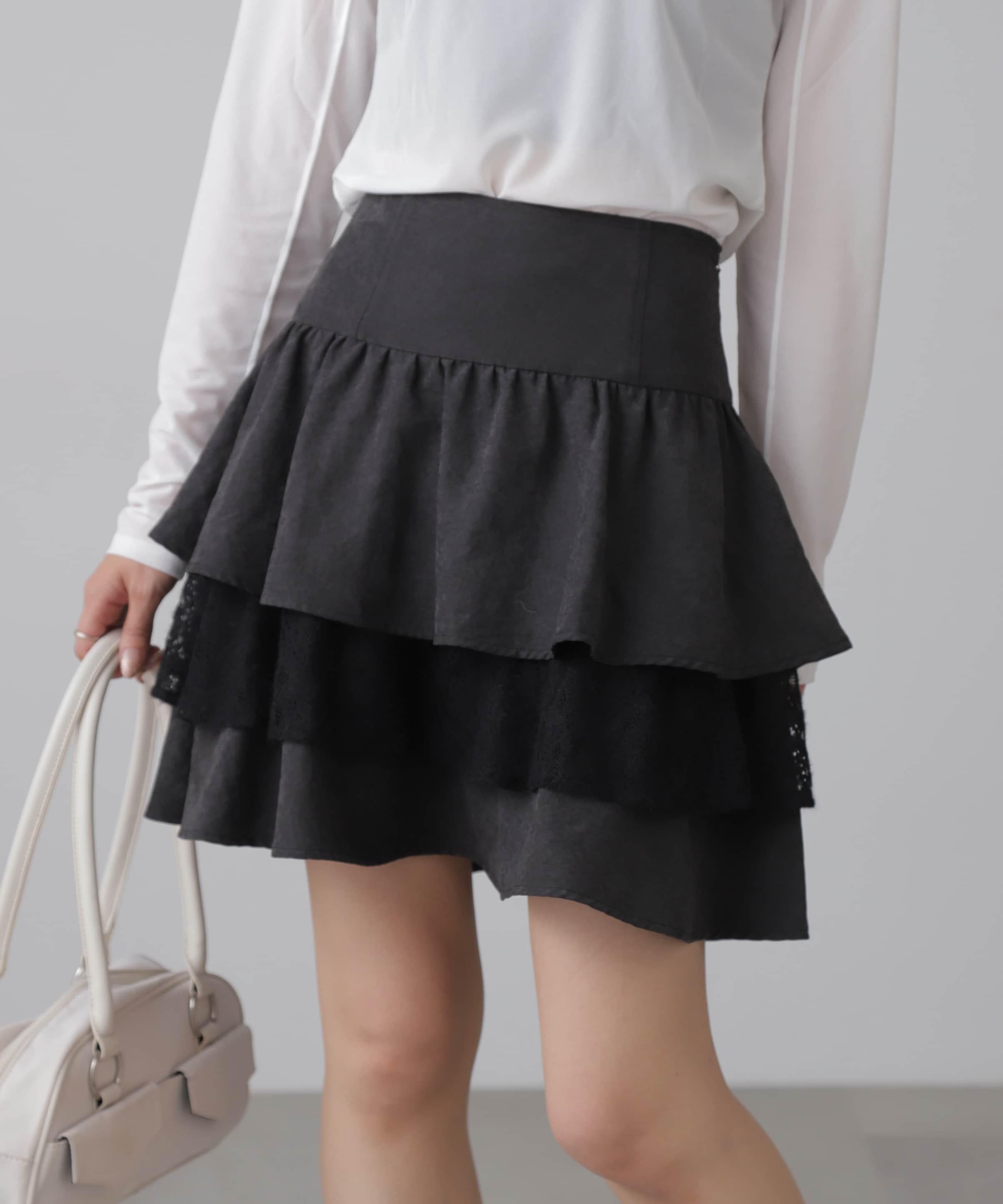 起毛レースティアードミニスカート ブラック