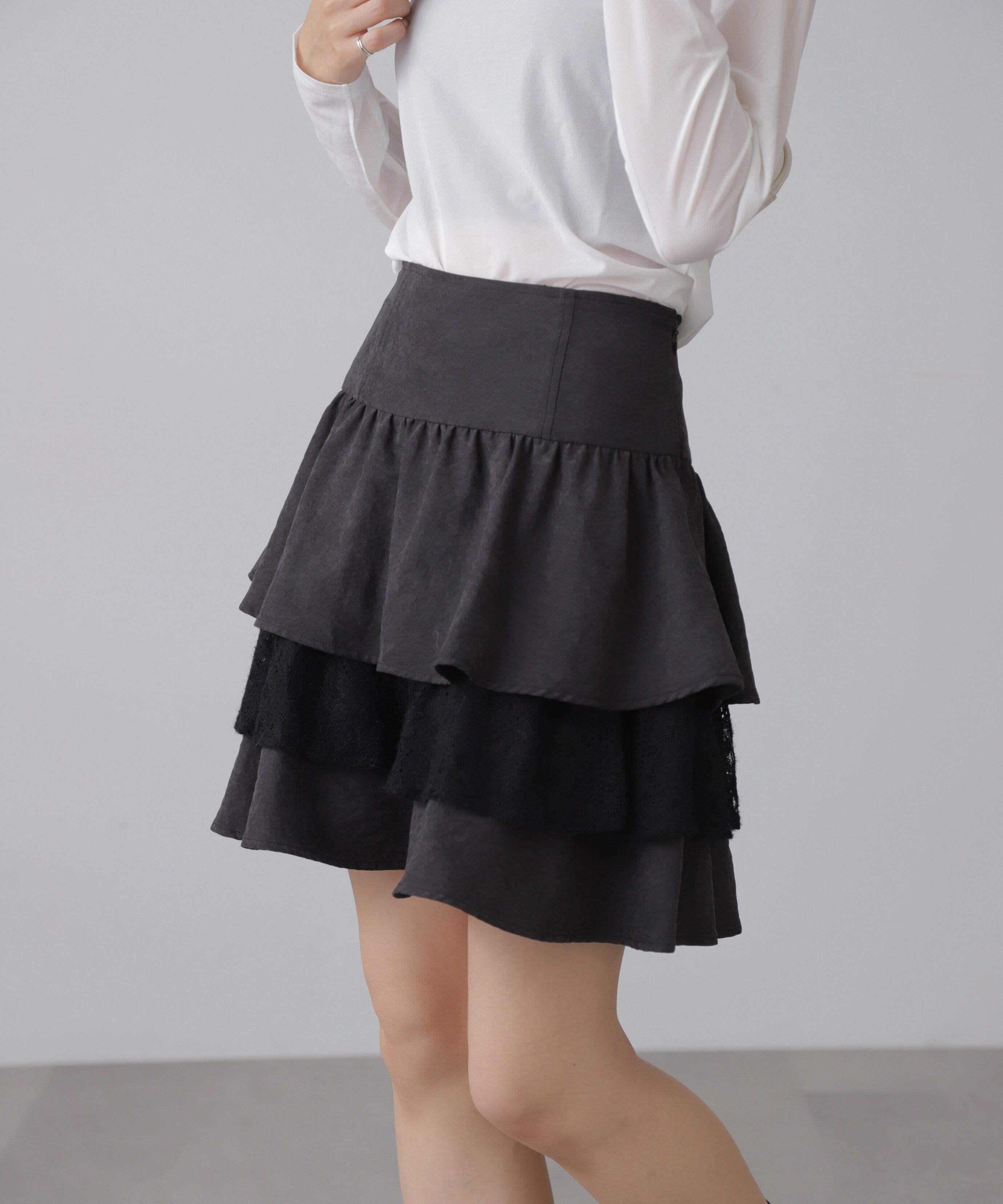 起毛レースティアードミニスカート ブラック
