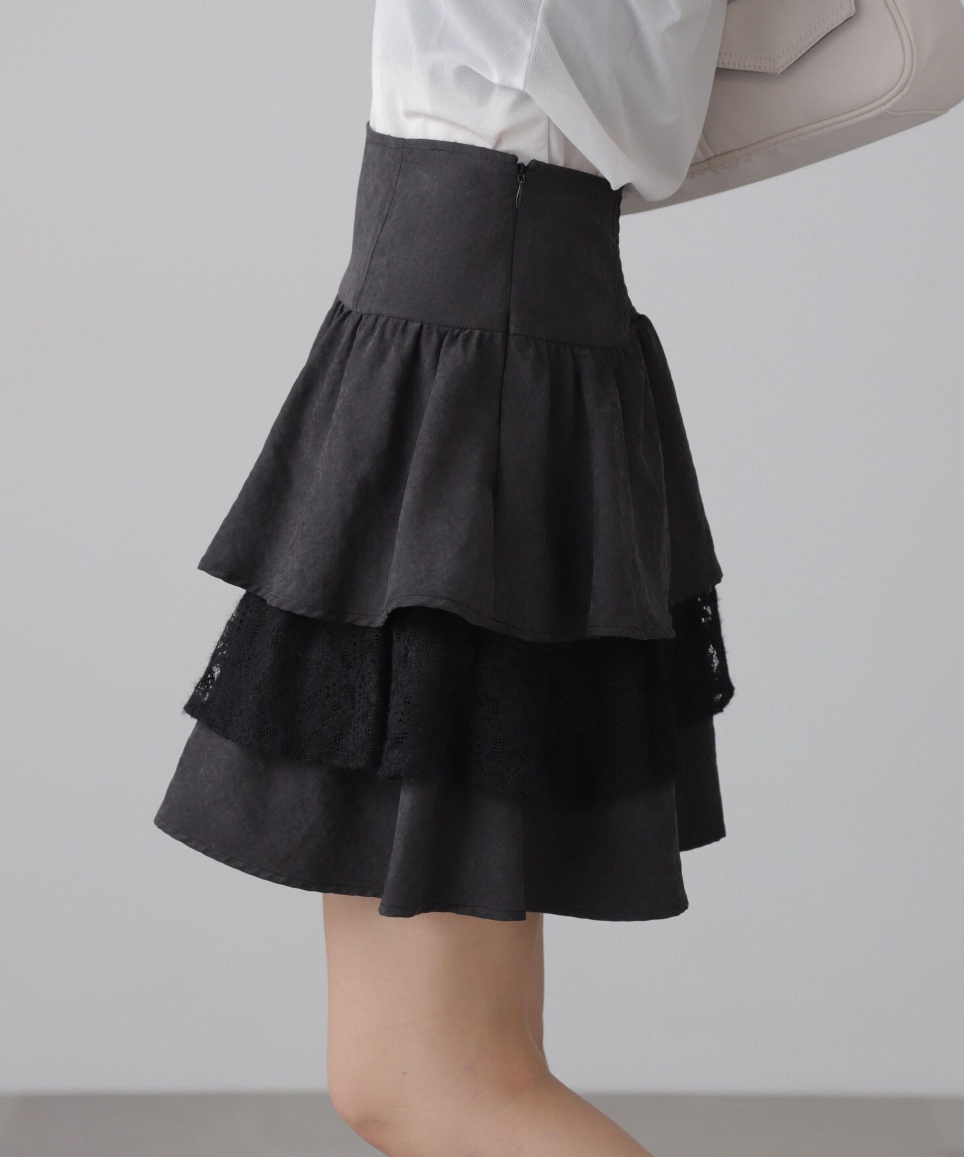 起毛レースティアードミニスカート ブラック