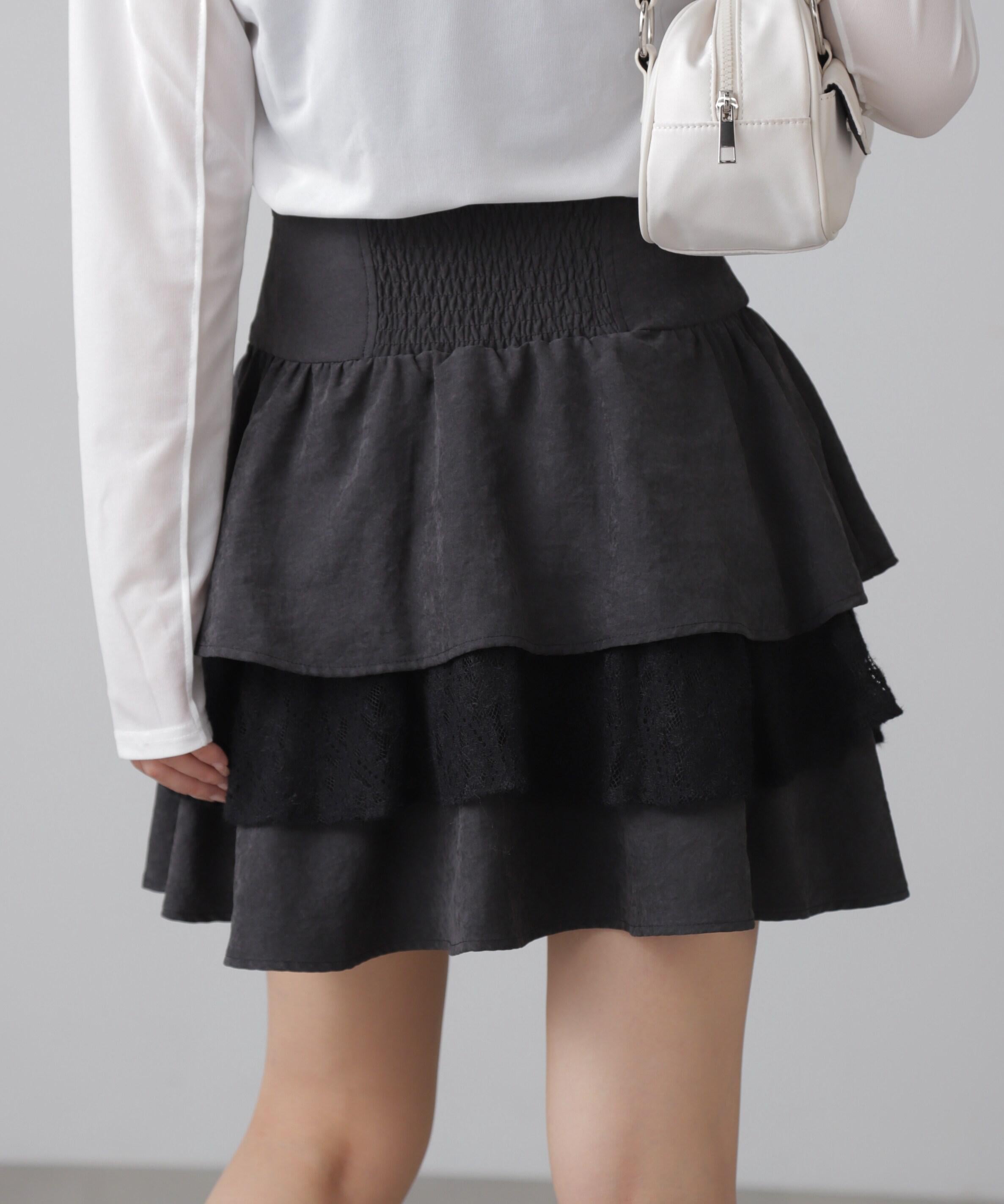 起毛レースティアードミニスカート ブラック