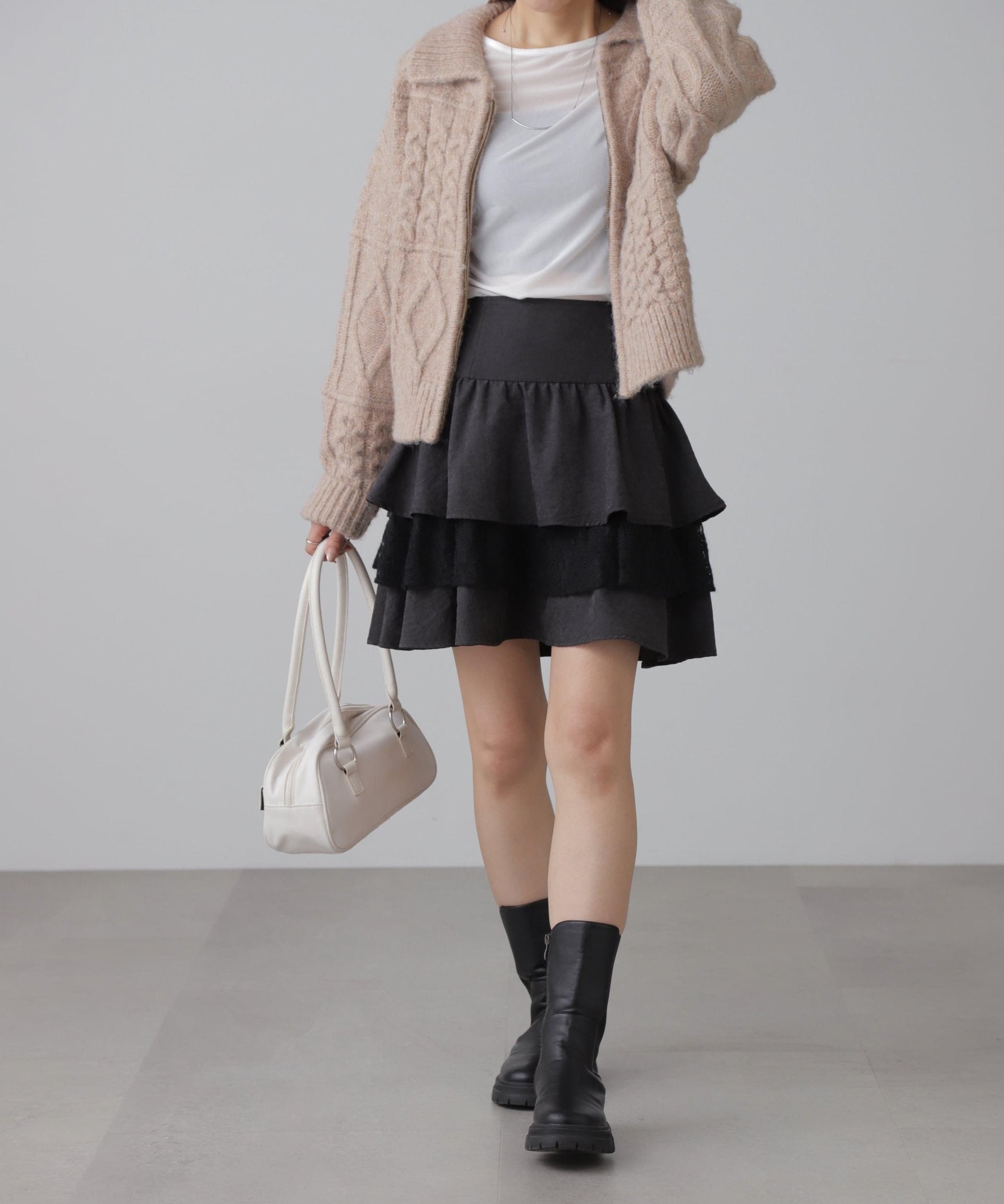 起毛レースティアードミニスカート ブラック