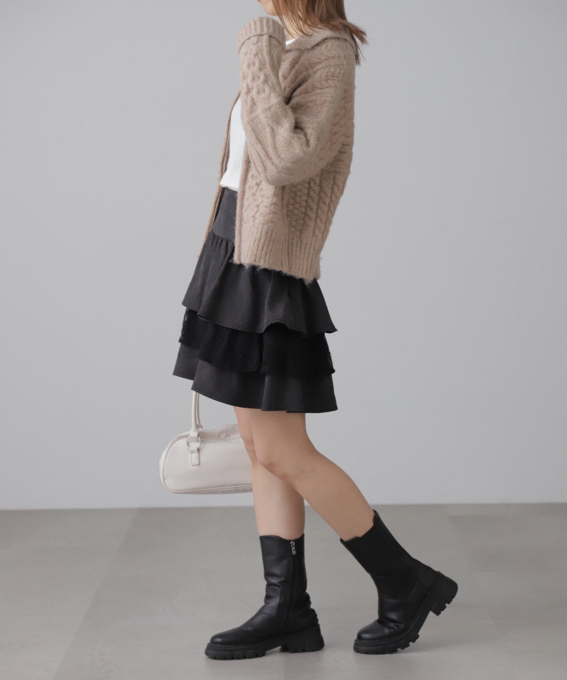 起毛レースティアードミニスカート ブラック