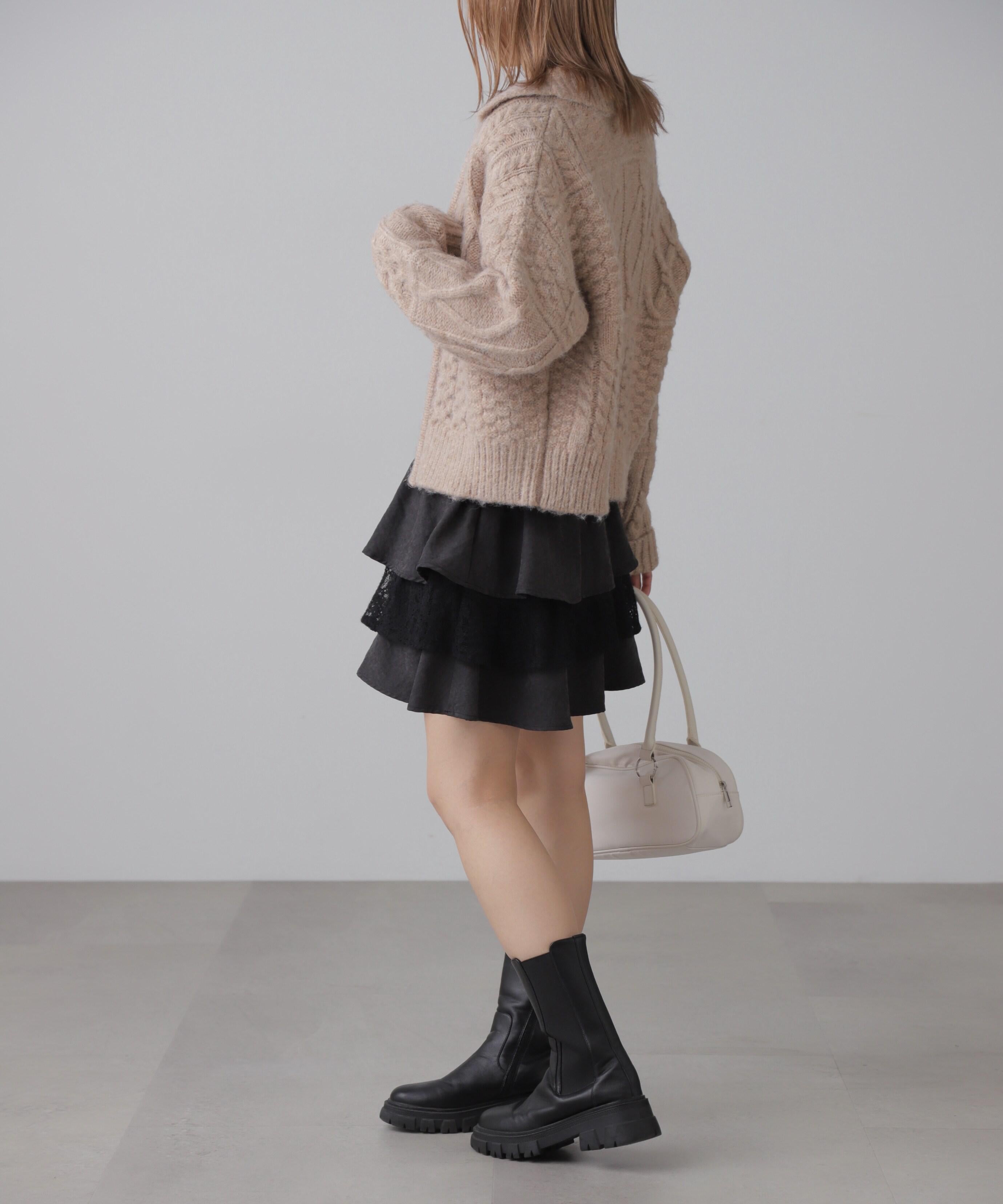 起毛レースティアードミニスカート ブラック