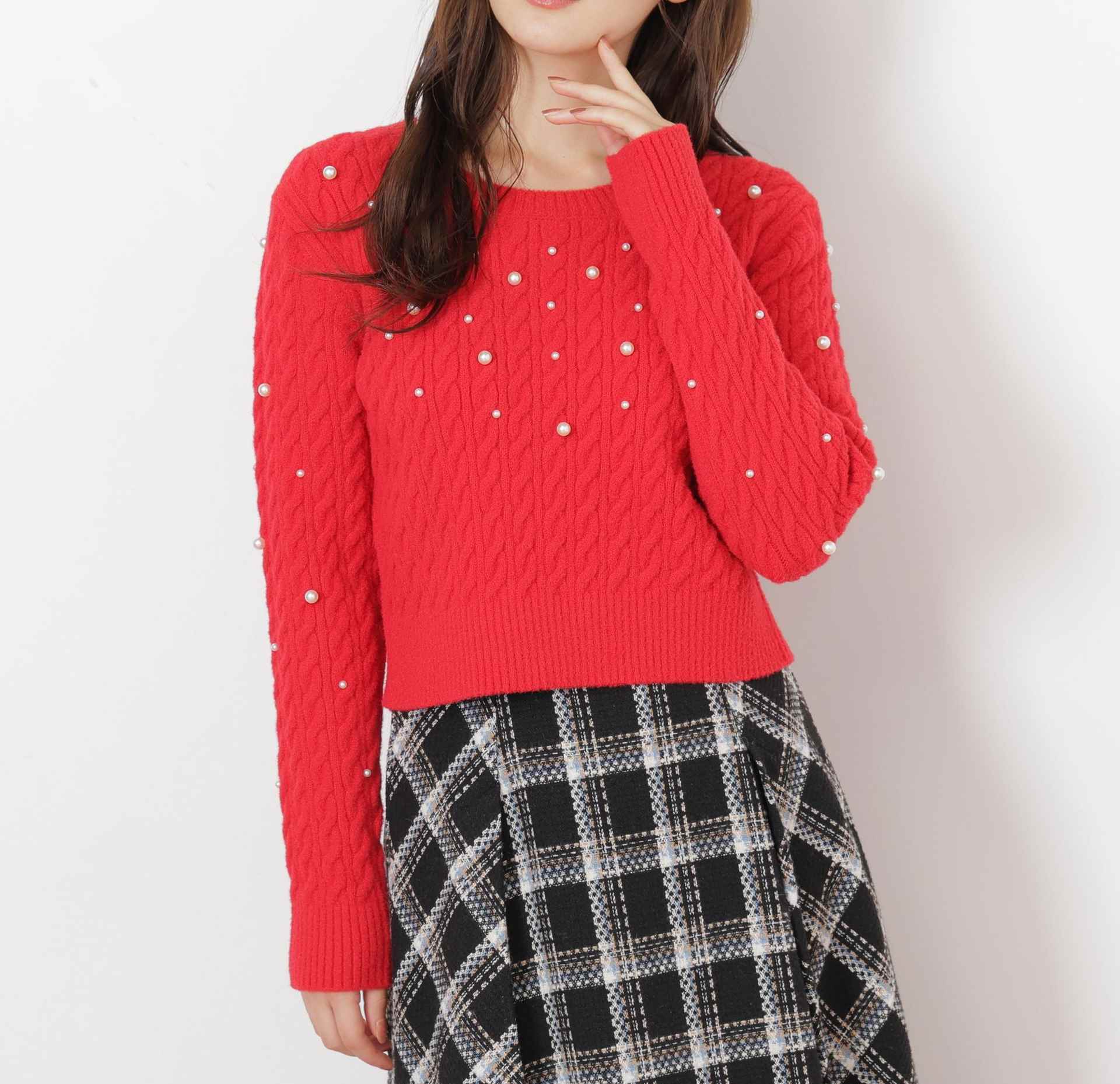 ランダムパールミニケーブルニット レッド