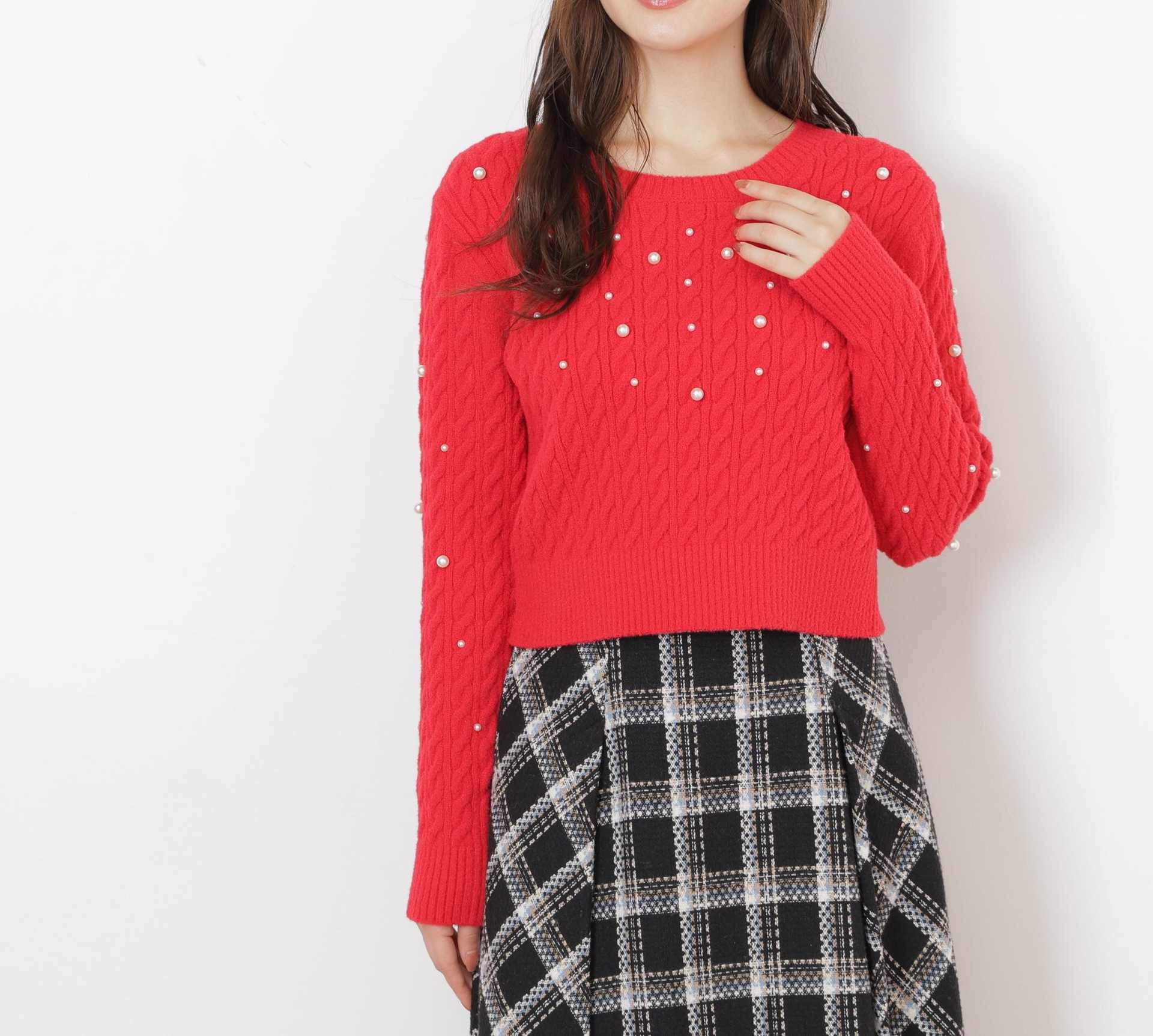 ランダムパールミニケーブルニット レッド