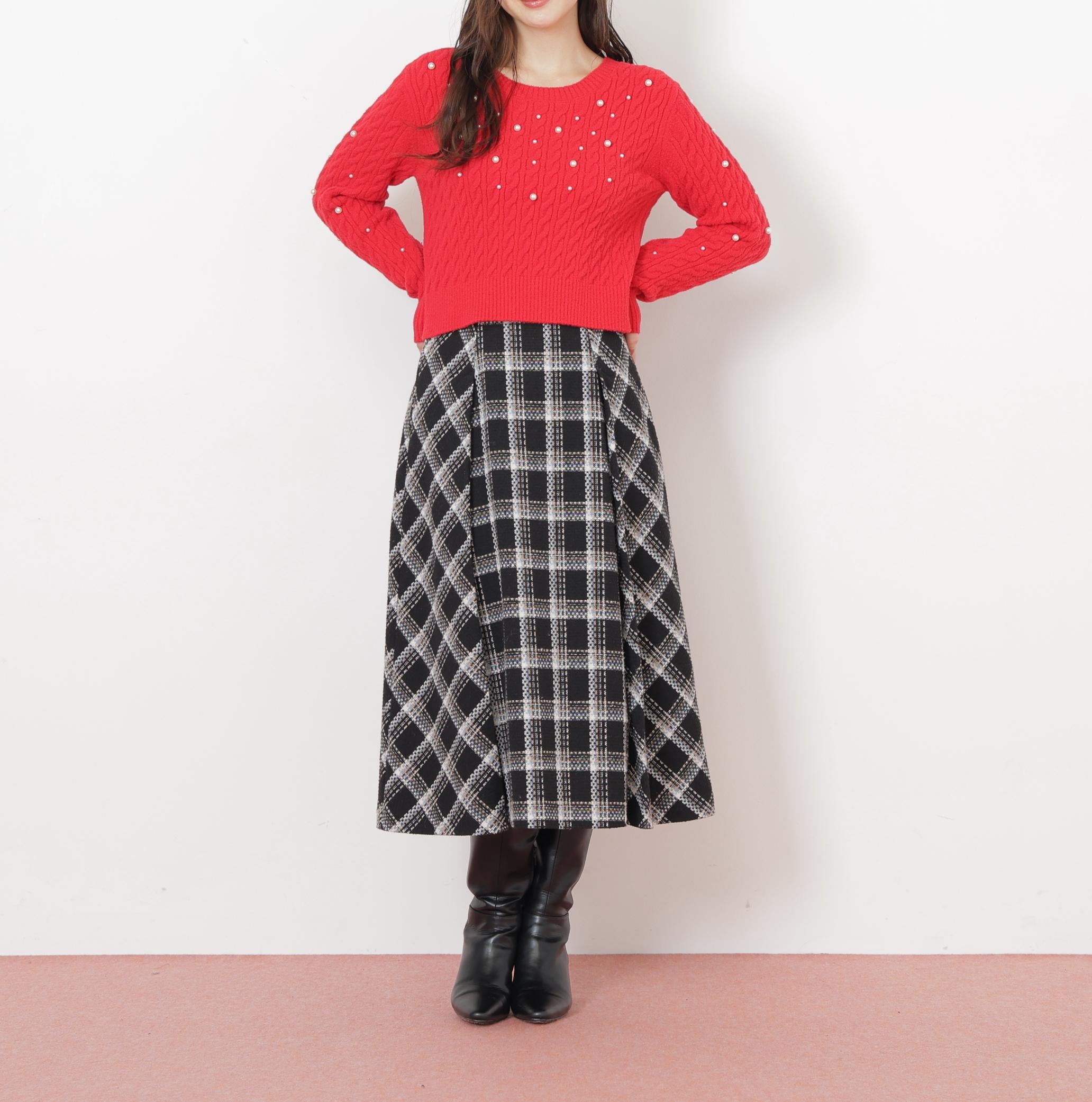 ランダムパールミニケーブルニット レッド