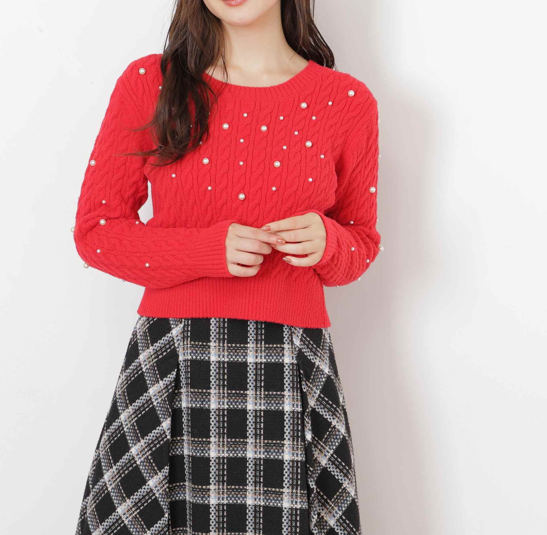 ランダムパールミニケーブルニット レッド