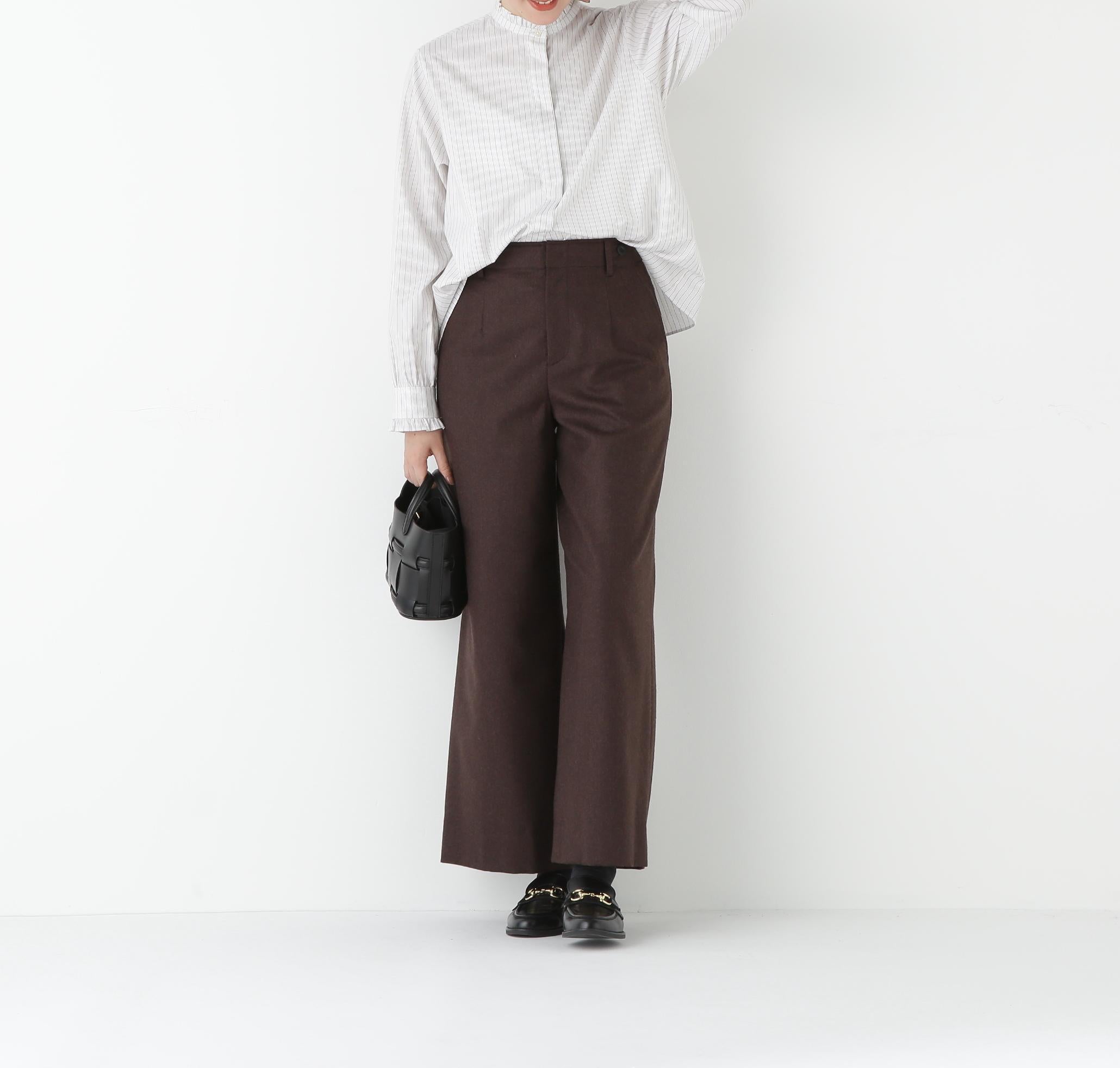 スタンドフリルブラウス ホワイト×ベージュストライプ3