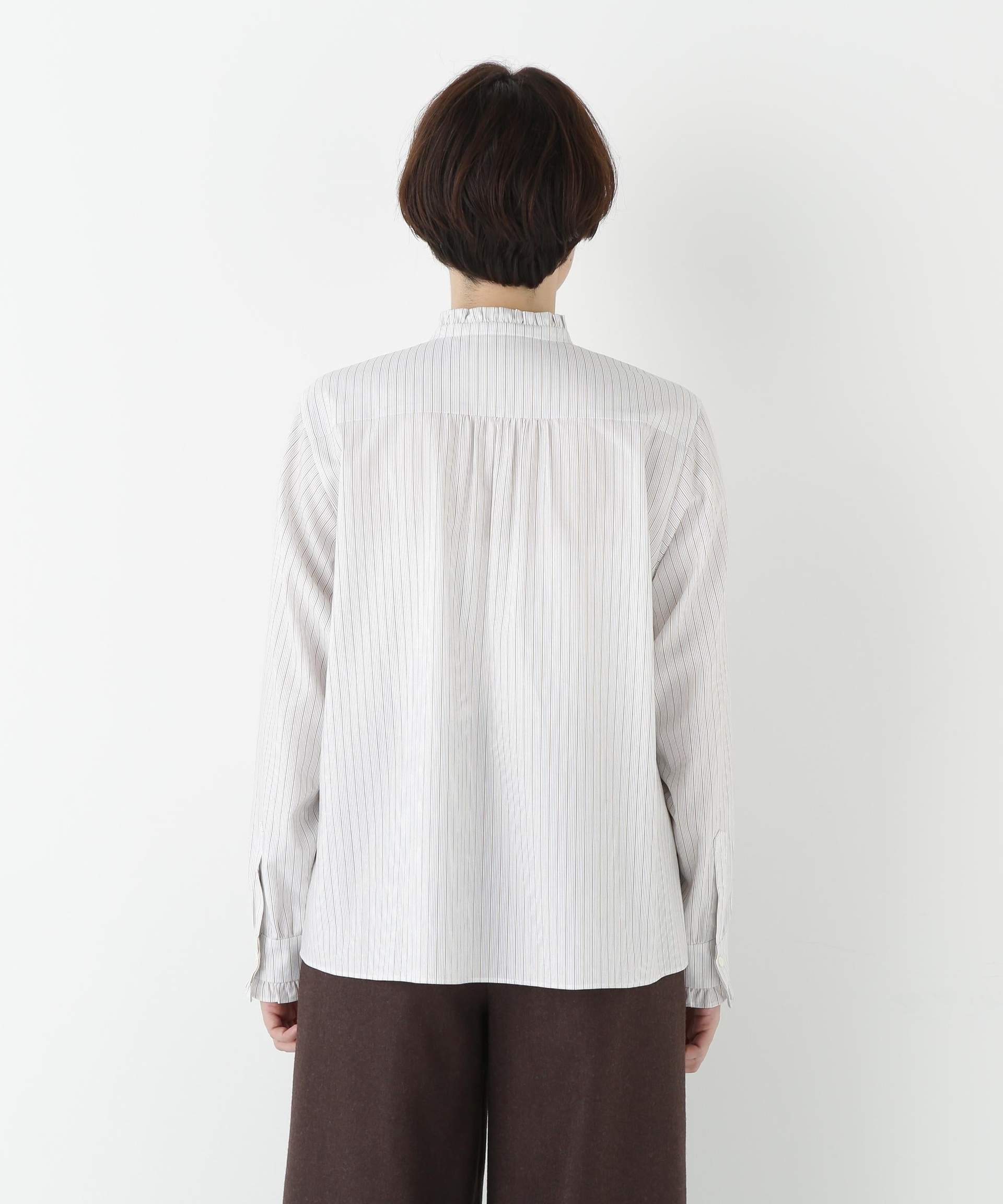 スタンドフリルブラウス ホワイト×ベージュストライプ3