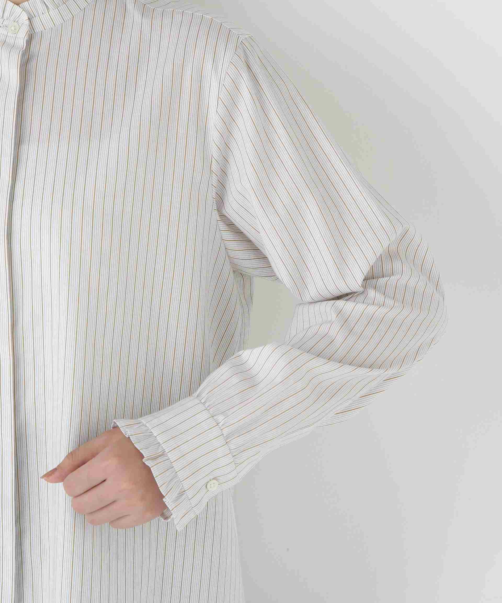 スタンドフリルブラウス ホワイト×ベージュストライプ3