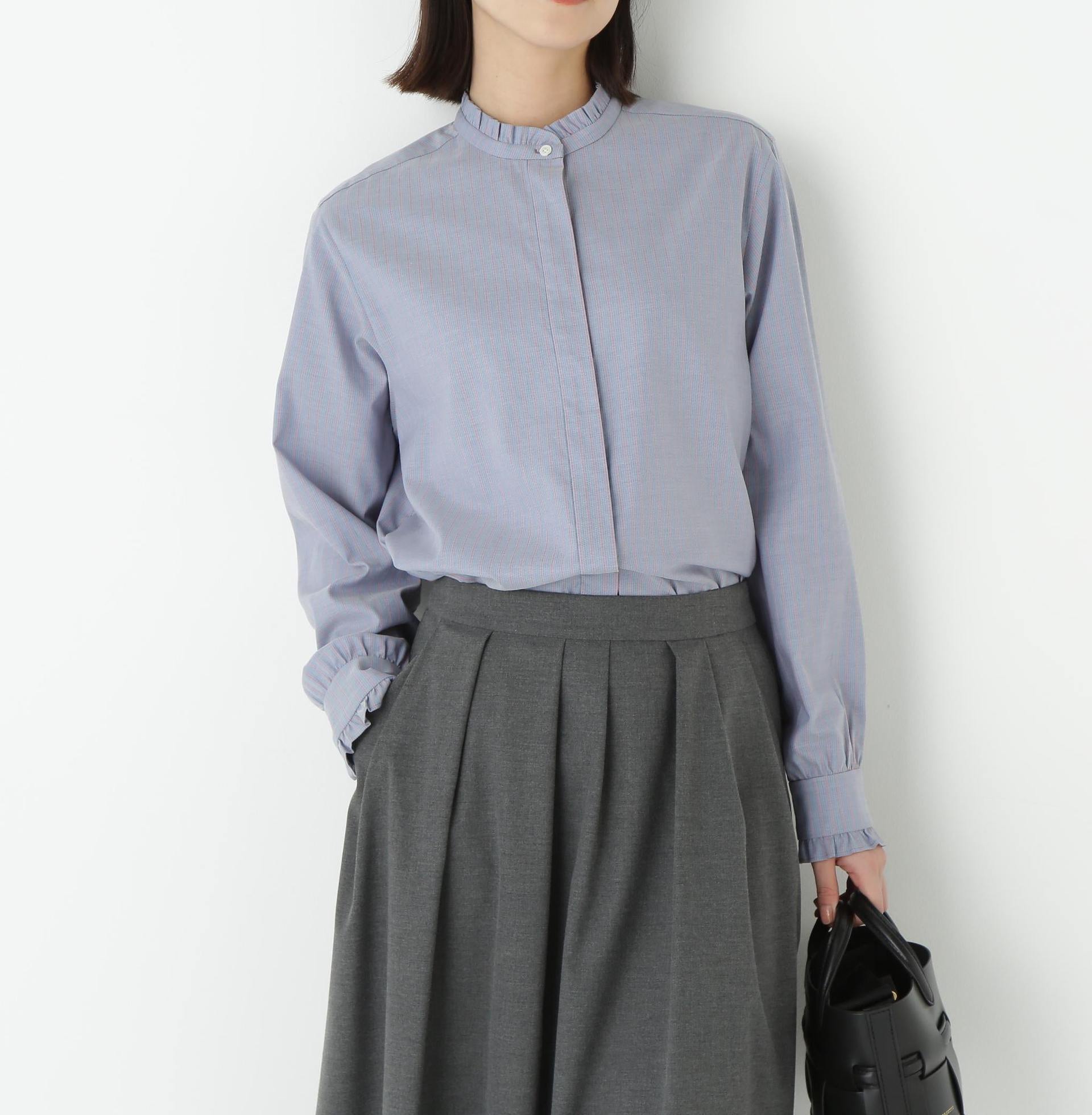 スタンドフリルブラウス ブルー×ピンクストライプ3