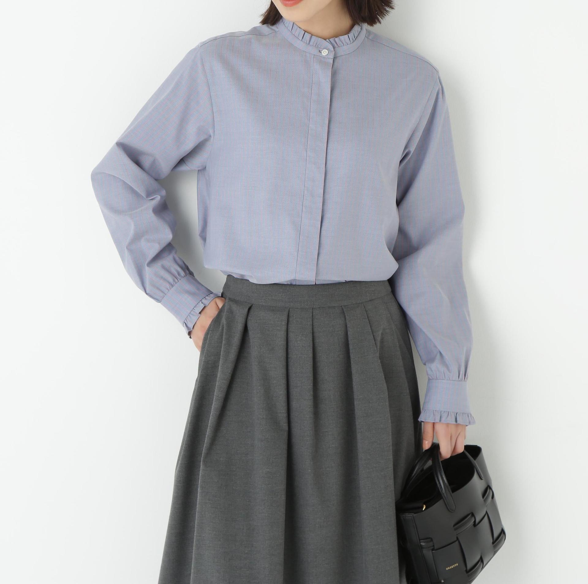 スタンドフリルブラウス ブルー×ピンクストライプ3