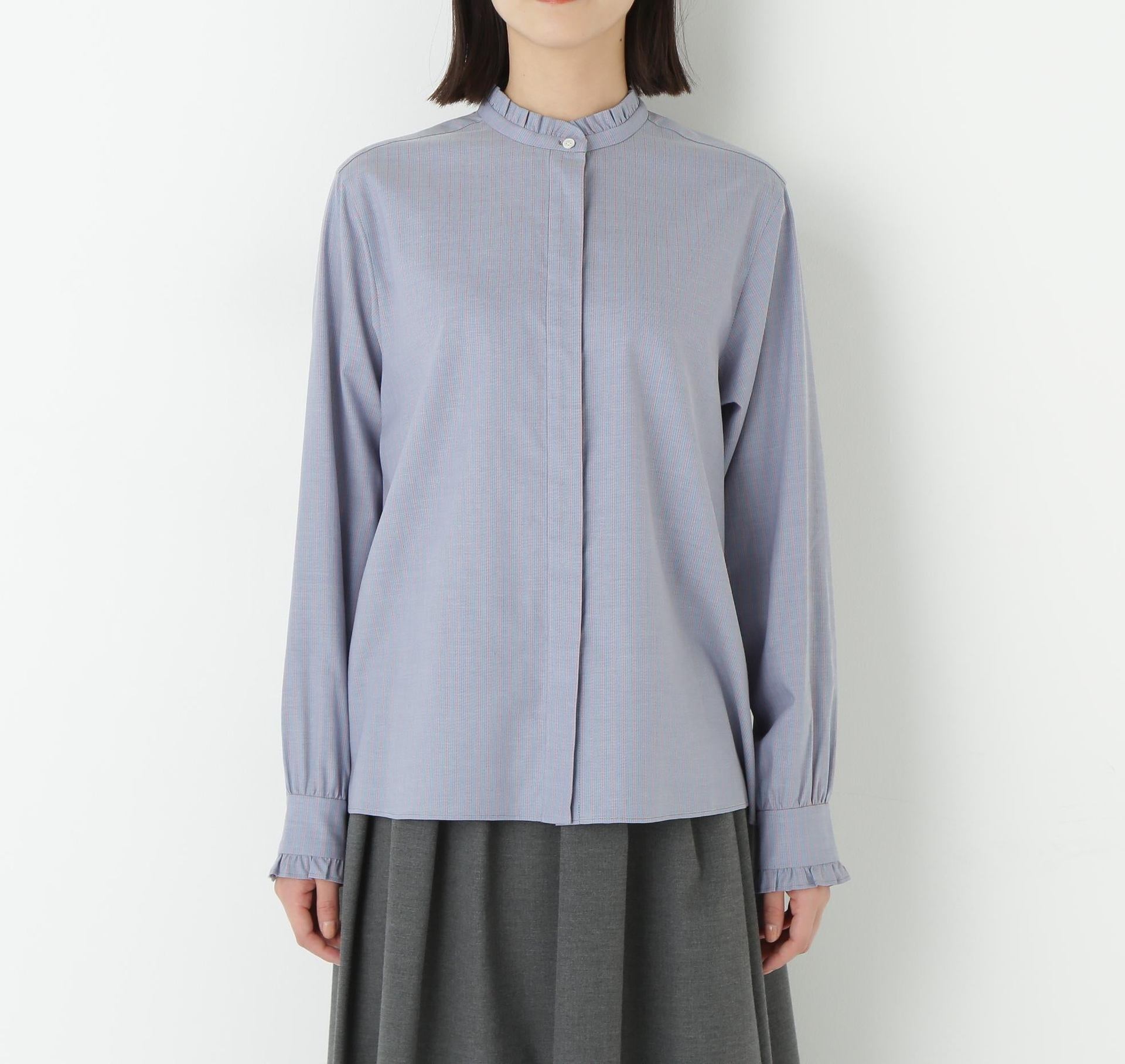 スタンドフリルブラウス ブルー×ピンクストライプ3