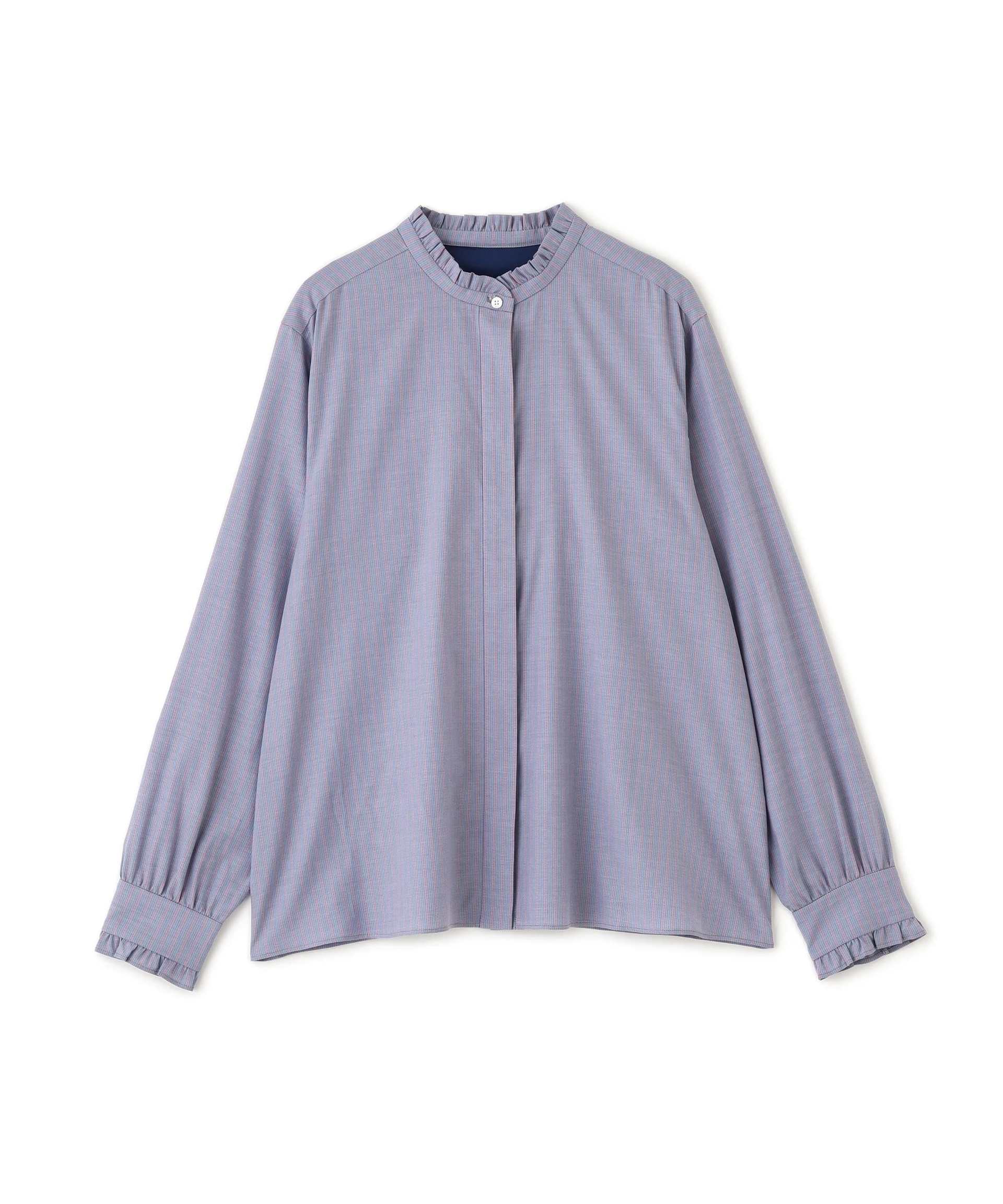 スタンドフリルブラウス ブルー×ピンクストライプ3