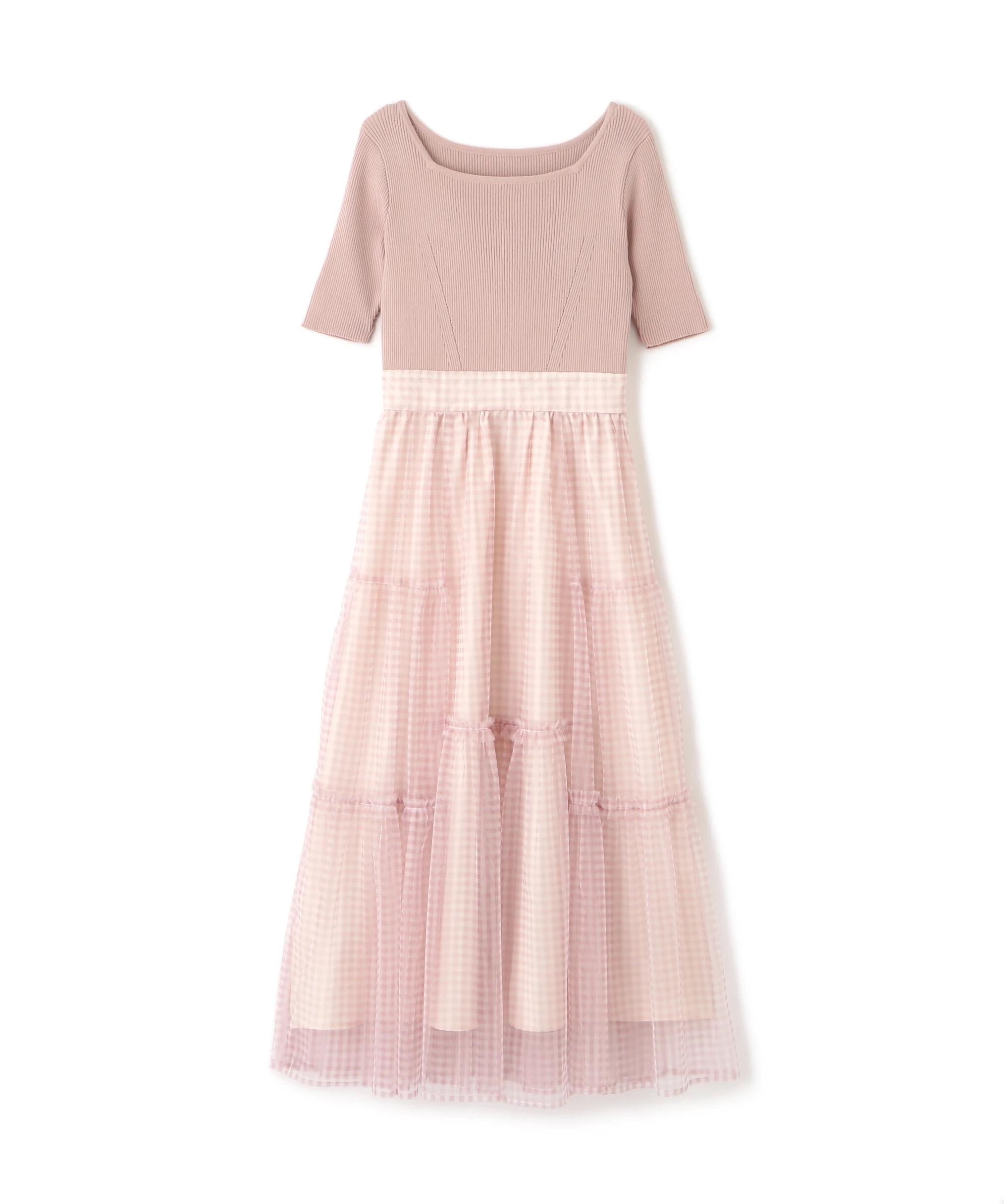 ニット×シアースカートドッキングワンピース ピンク