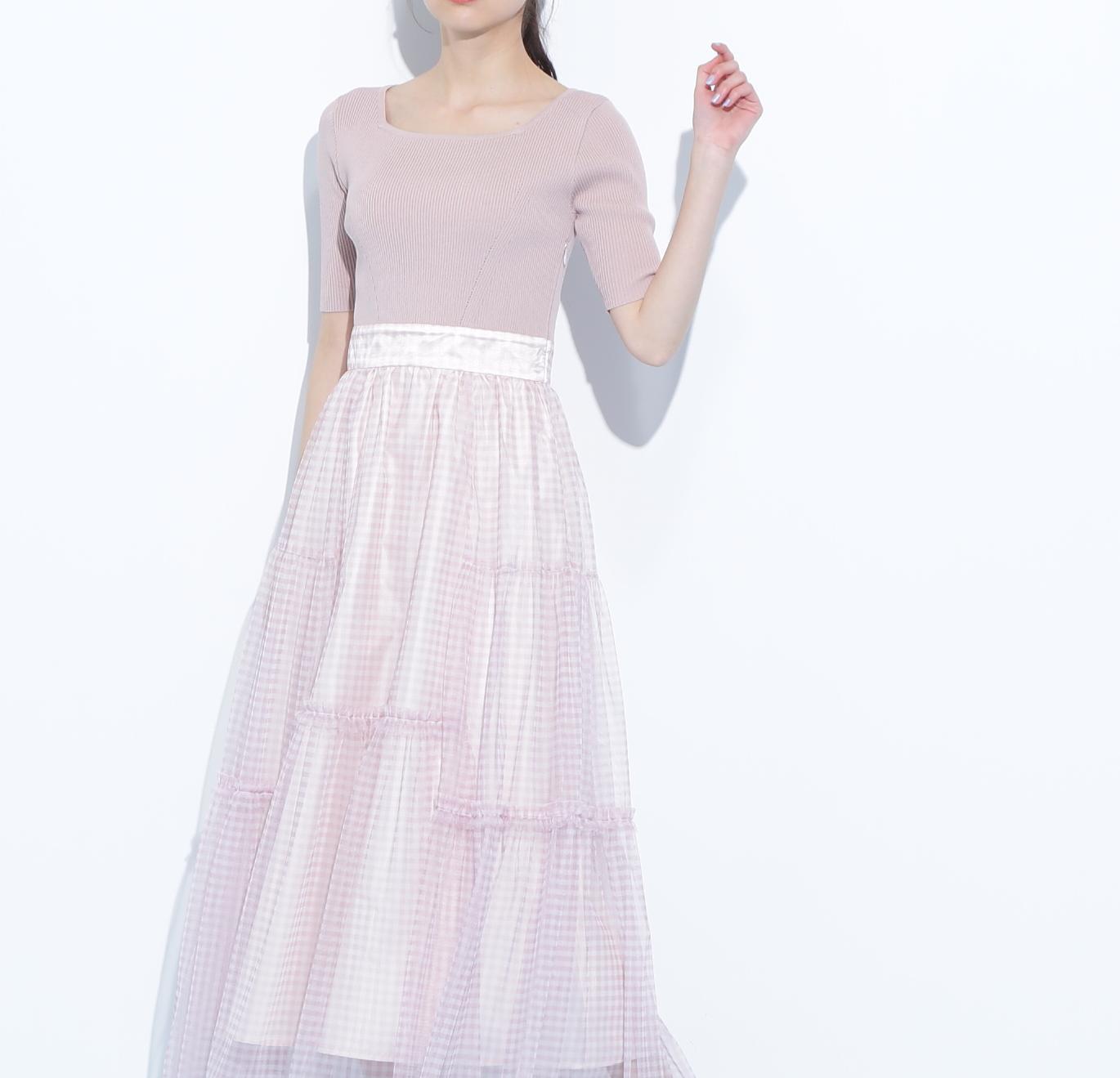 ニット×シアースカートドッキングワンピース ピンク