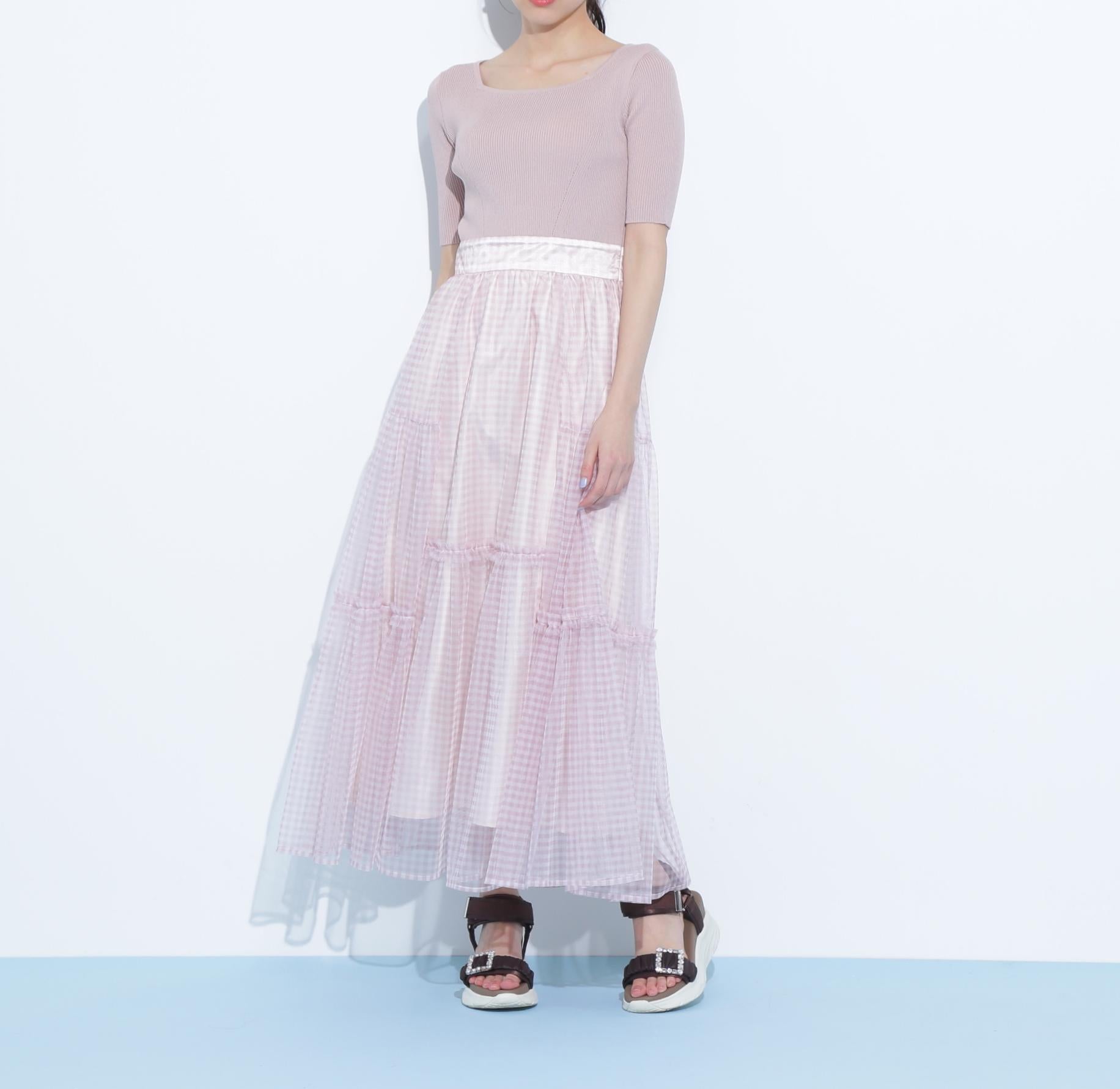 ニット×シアースカートドッキングワンピース ピンク