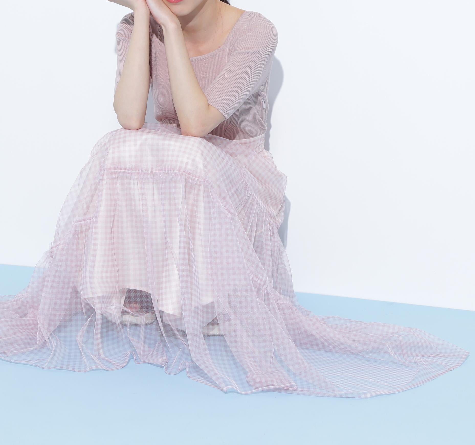 ニット×シアースカートドッキングワンピース ピンク