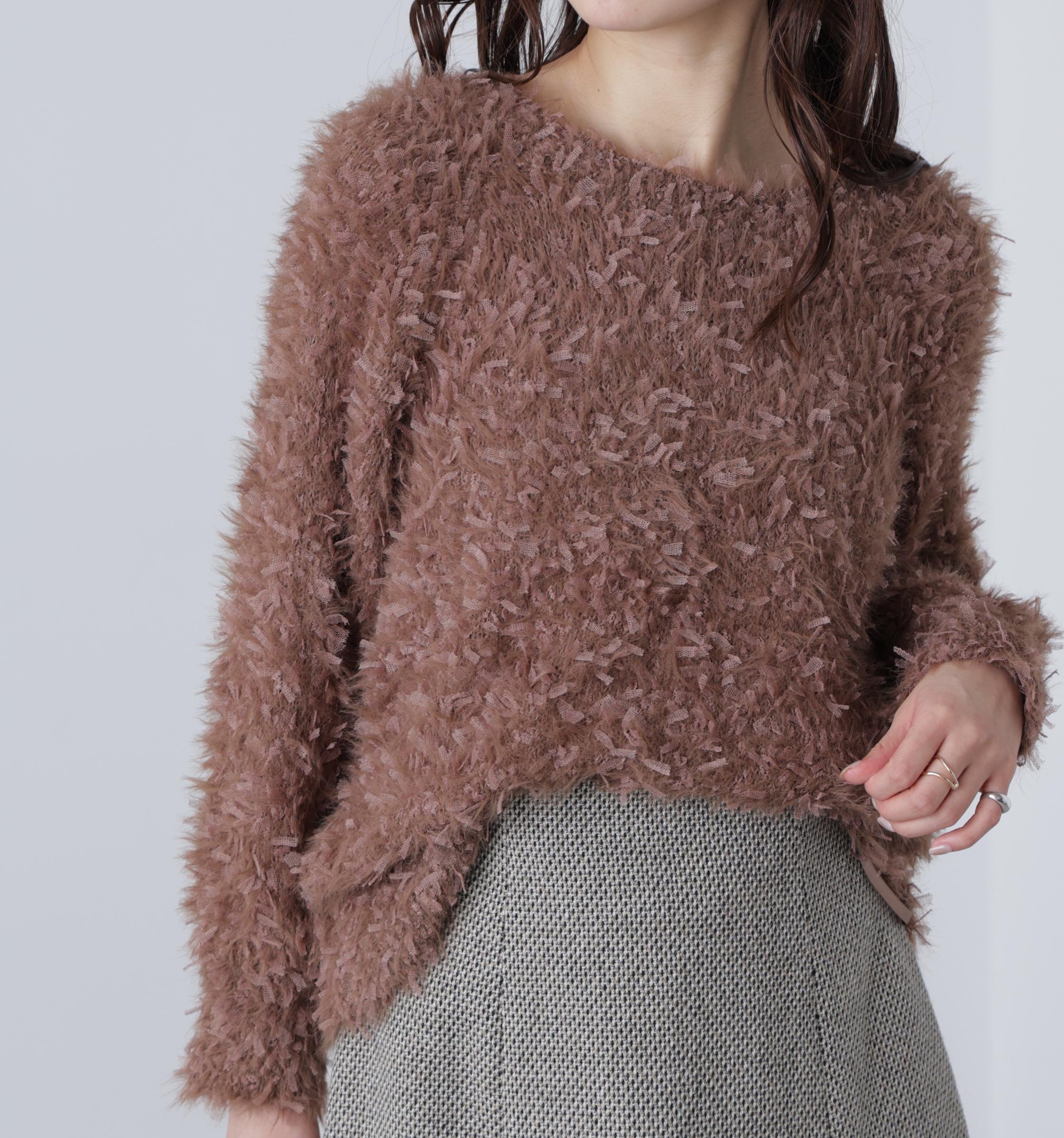 前後2wayチュールフェザーミックスミドル丈ニット ブラウン