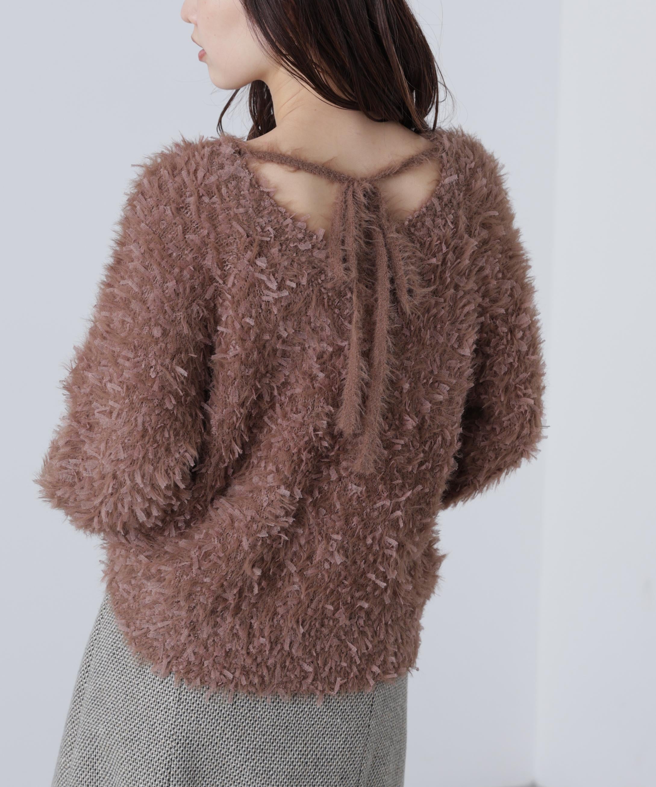 前後2wayチュールフェザーミックスミドル丈ニット ブラウン