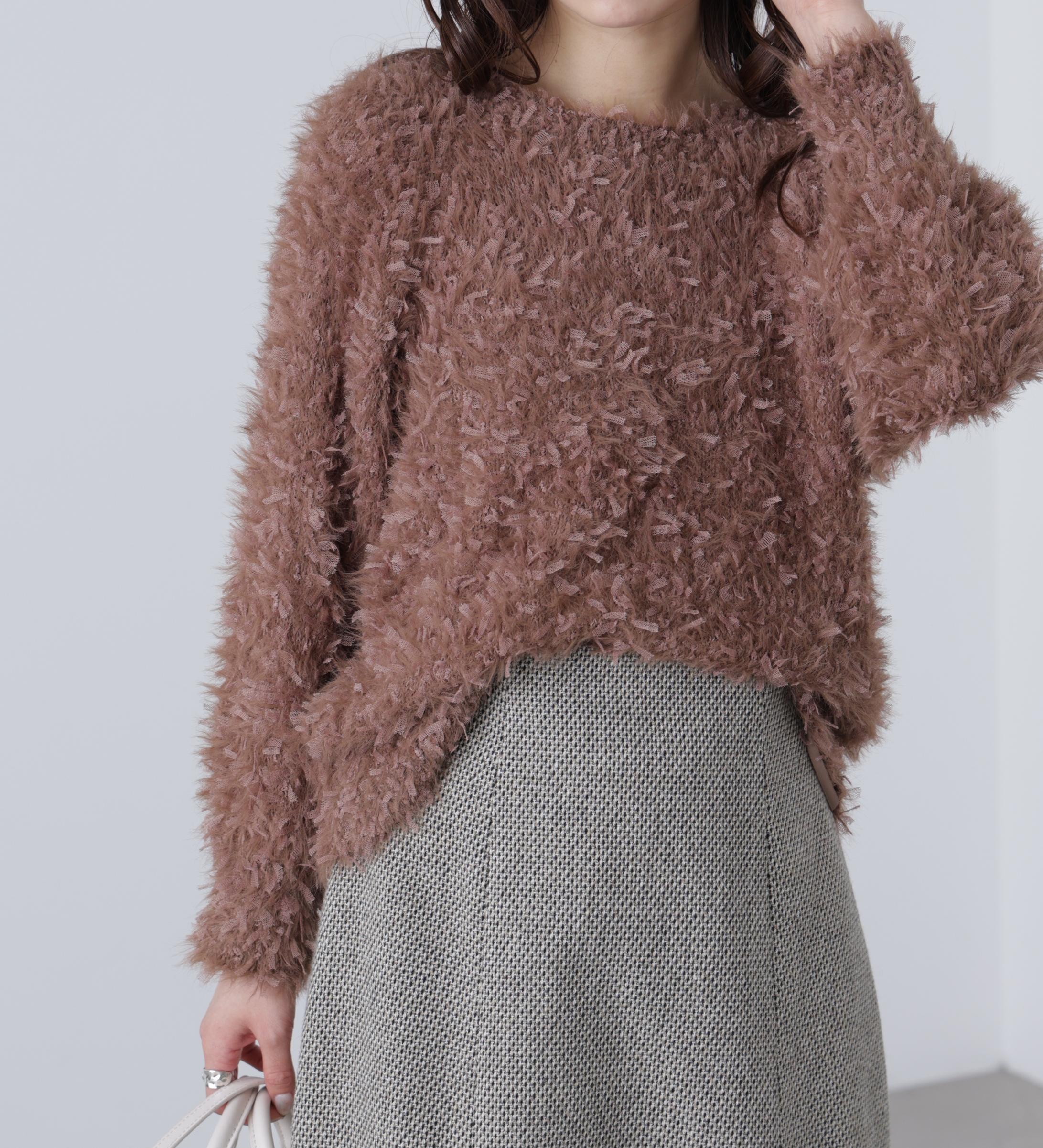 前後2wayチュールフェザーミックスミドル丈ニット ブラウン