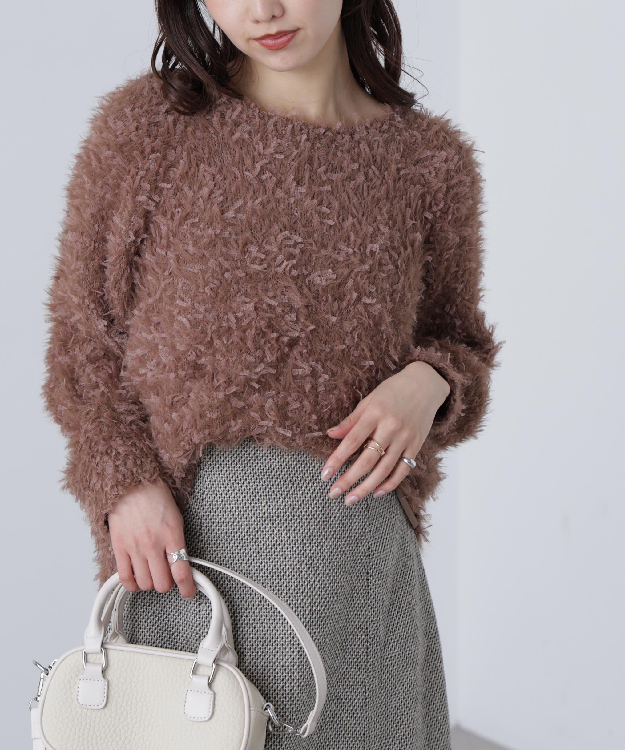 前後2wayチュールフェザーミックスミドル丈ニット ブラウン