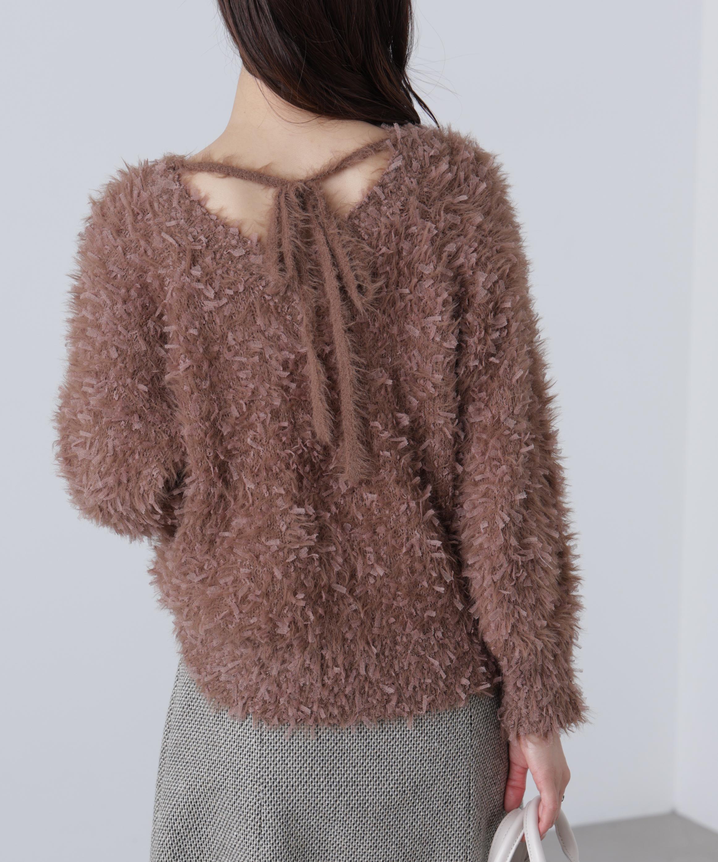 前後2wayチュールフェザーミックスミドル丈ニット ブラウン